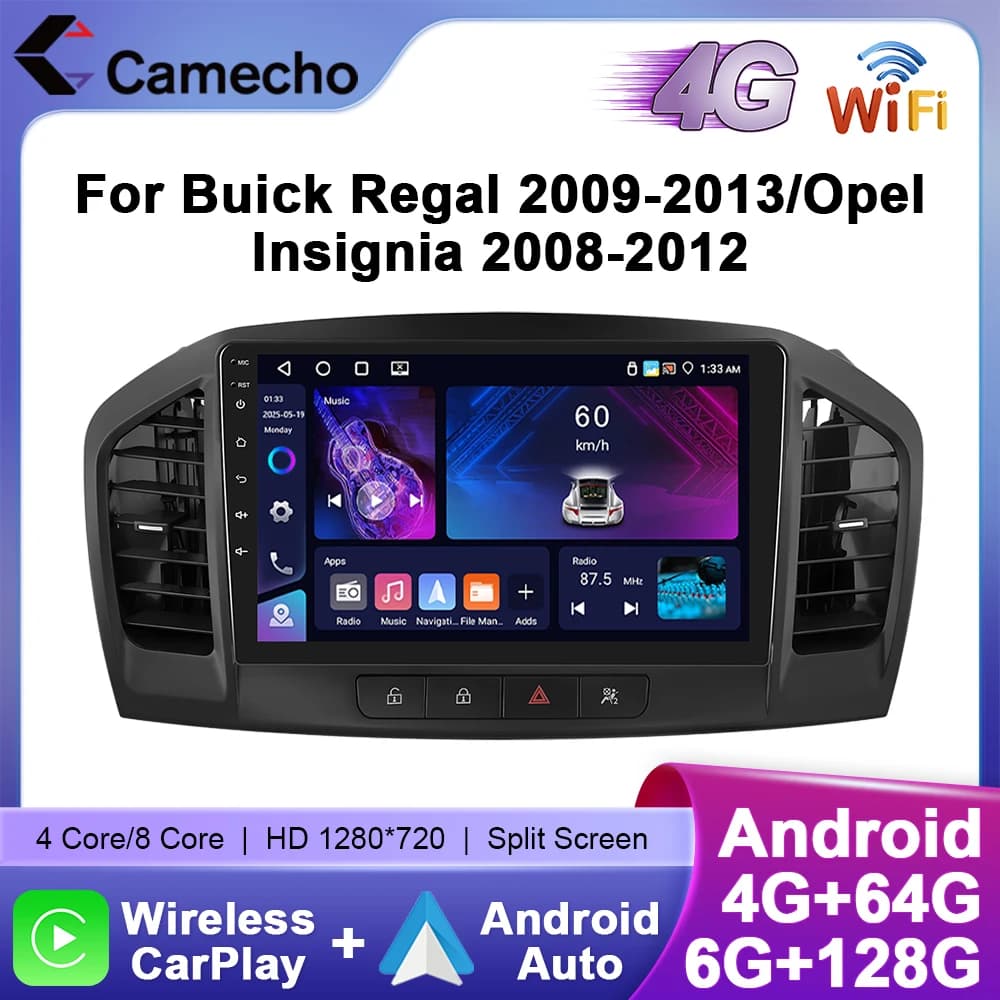 Camecho 6 + 128g rádio do carro para buick regal 2009-2013/opel insignia 2008-2012 sem fio carplay android auto gps estéreo 4g wifi