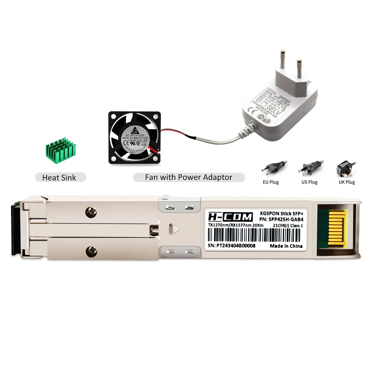XGSPON ONU Stick SFP + com ventilador, pré-instalação 8311 fimrware suporte IP SN MAC gerenciamento, 10 Gb/s SC/APC 1270/1577nm SMF SFP ONT