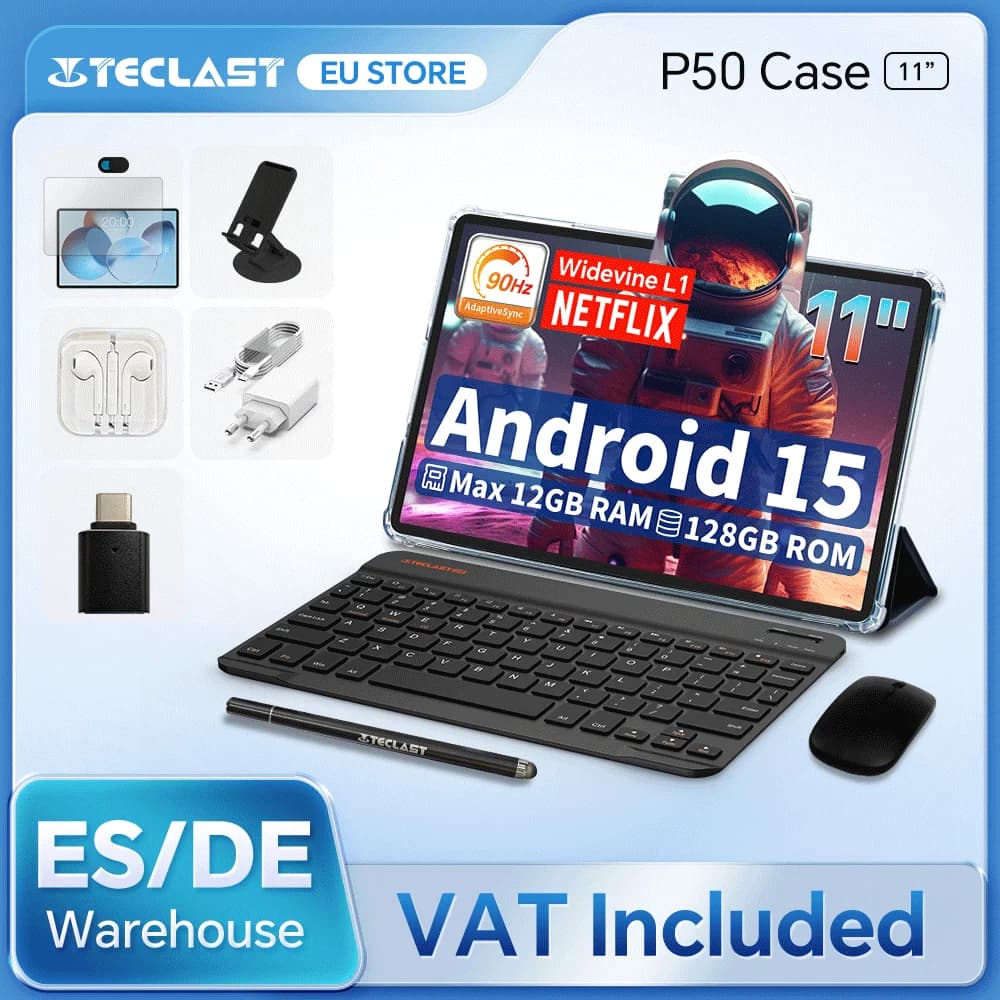 Teclast P50 Case Android 15 Tablet 11\" 90Hz Max 12Gb (4Gb + 8Gb Expansão) Ram 128 Gb Rom T606 8 Core Widevine L1 7000Mah Tipo-C"