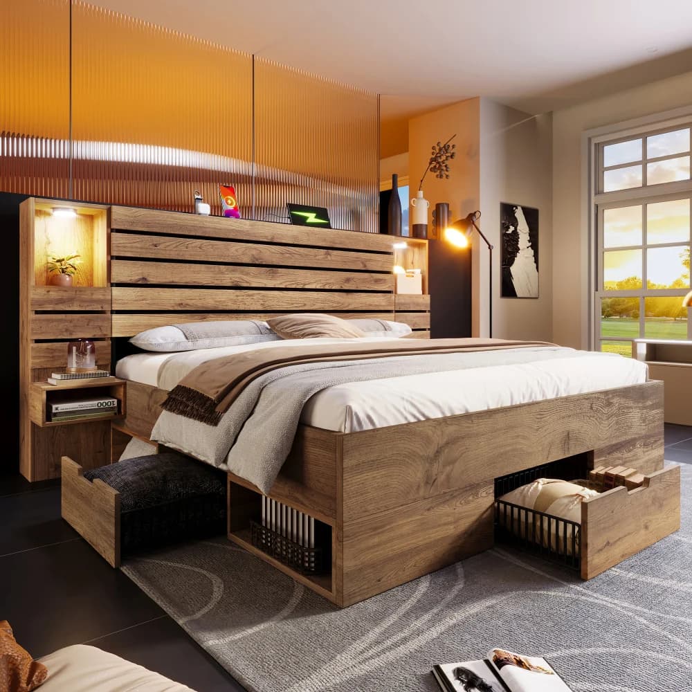 Cama de Madeira com Luzes LED e USB Tipo-C, Nicho Iluminado, Mesas de Cabeceira Flutuantes, Armazenamento Sob a Cama com Gavetas
