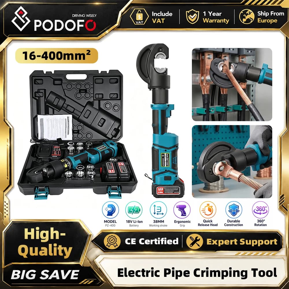 Alicate Hidráulico Recarregável Podofo PZ-400/LS-300 16-400mm² com 2 Baterias, Prensa de Tubos e Cortador de Fios para Tubos e Fios de Aço