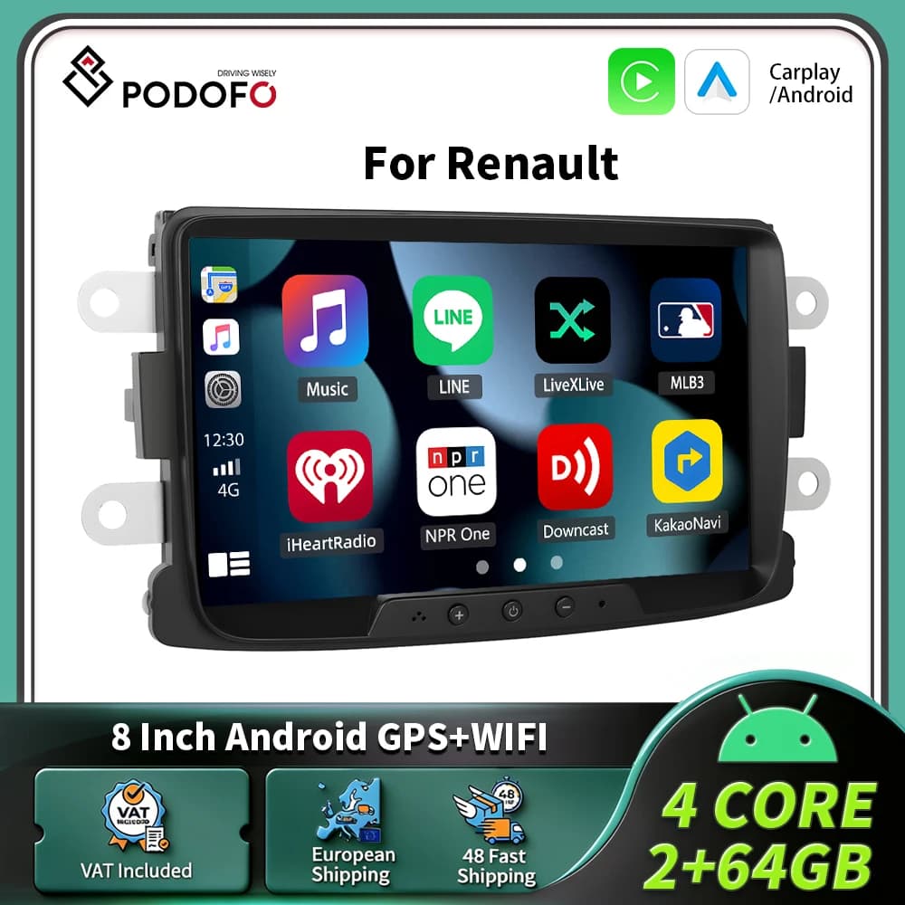 Rádio Automotivo Podofo 8" com Carplay Android para Renault, Sistema Inteligente 2 Din, GPS, Navegação, RDS e Multimídia.