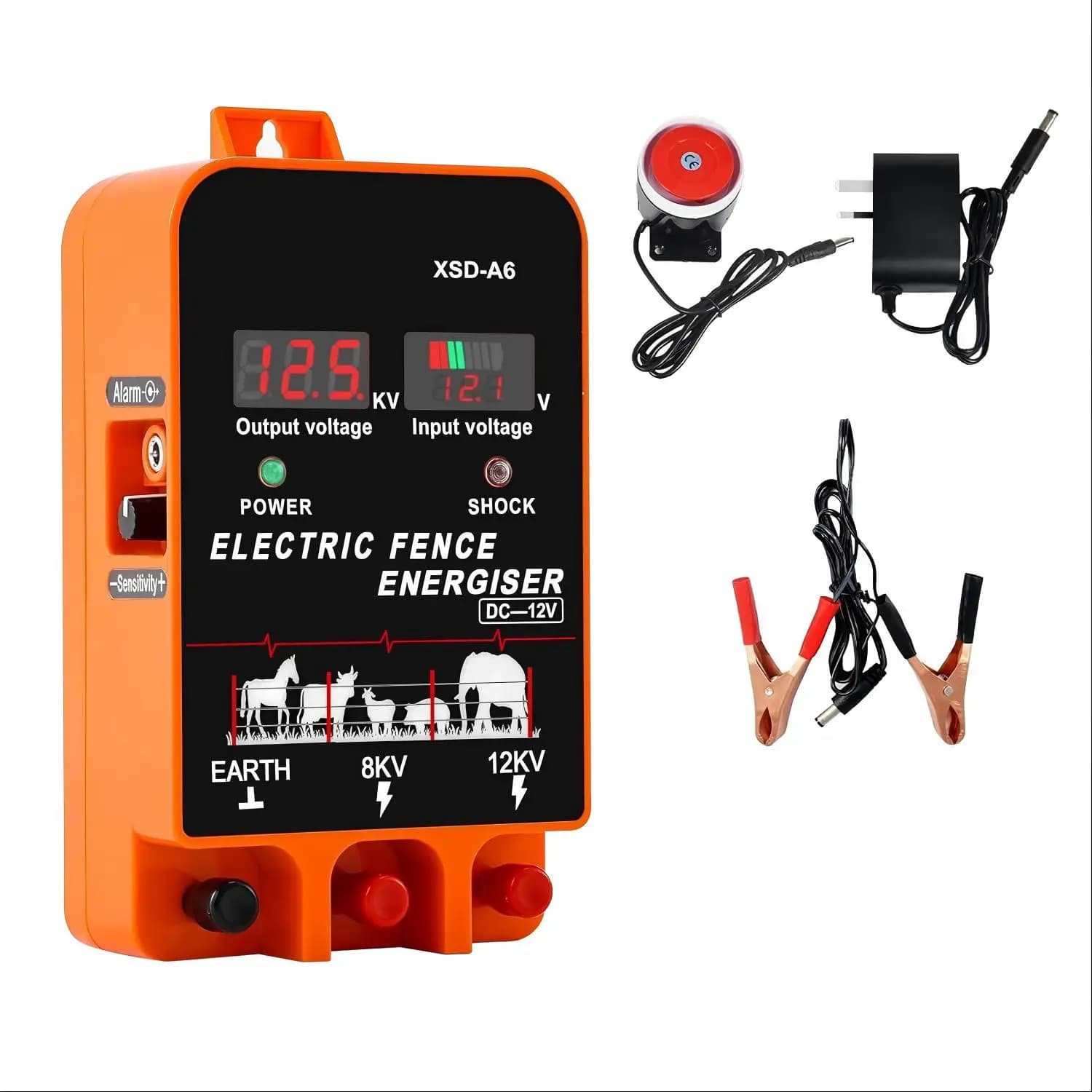 Energizador de cerca elétrica de 20 km, display LCD Joule de 5,5 12V, controlador de gado agrícola com função de alarme para agricultura animal