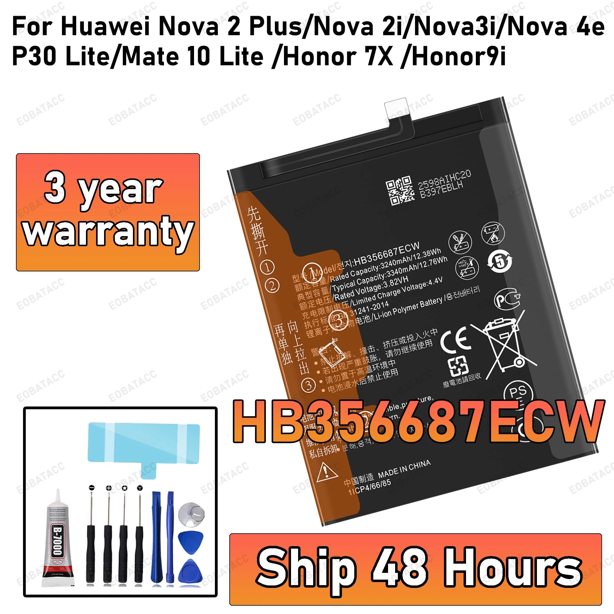 100% nova bateria hb356687ecw para huawei nova 2 plus 2i 2S 3i 4e p30 lite mate 10 lite honor 7x 9i maimang 6 baterias + ferramentas