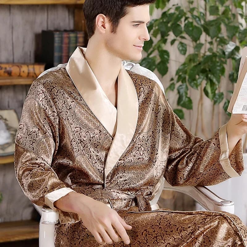 Robe de banho masculino cetim impressão ouro kimono roupão de seda longo roupão plus size sleepwear geométrico lounge camisola xl 4xl 5xl