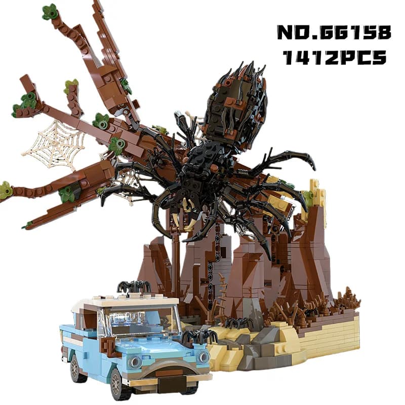 Criatividade gigante aranha perseguição carro blocos de construção kit floresta escape cena tijolos conjuntos decorações para casa brinquedo diy