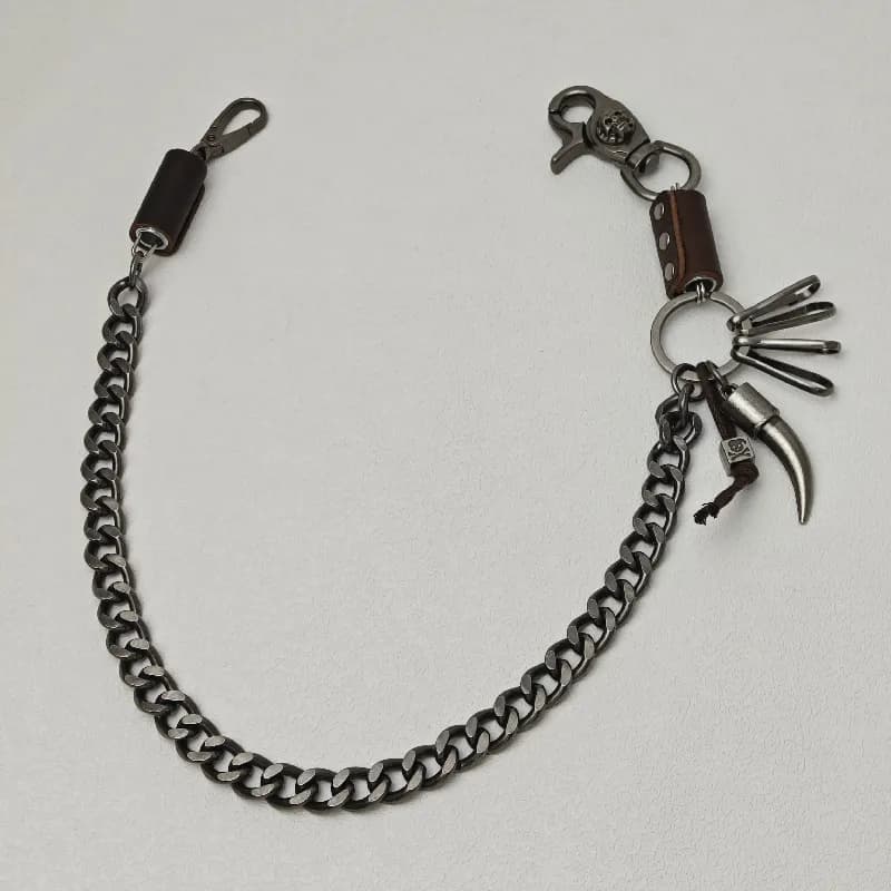 Corrente para calças lobo dente charme chaveiro hip-hop rua punk liga chapeamento preto correntes bainha de couro genuíno versátil