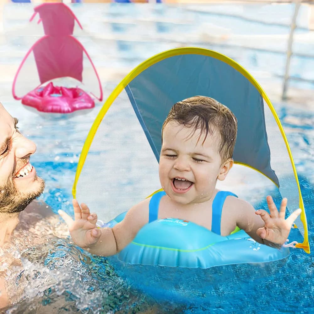 Novo Anel Inflável para Bebê com Toldo Protetor Solar, Flutuador Dobrável para Crianças, Brinquedo Seguro para Brincar na Água para Bebês e