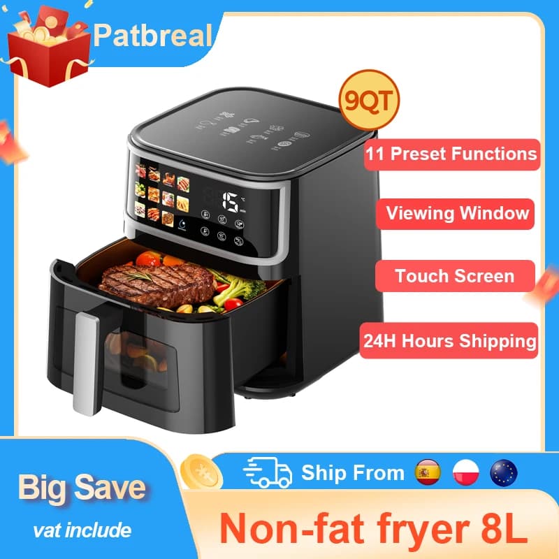 Fritadeira de ar inteligente Patbrela 8L 1700W com tela sensível ao toque LED 11 funções predefinidas Max 200 °   C C Cesta antiaderente