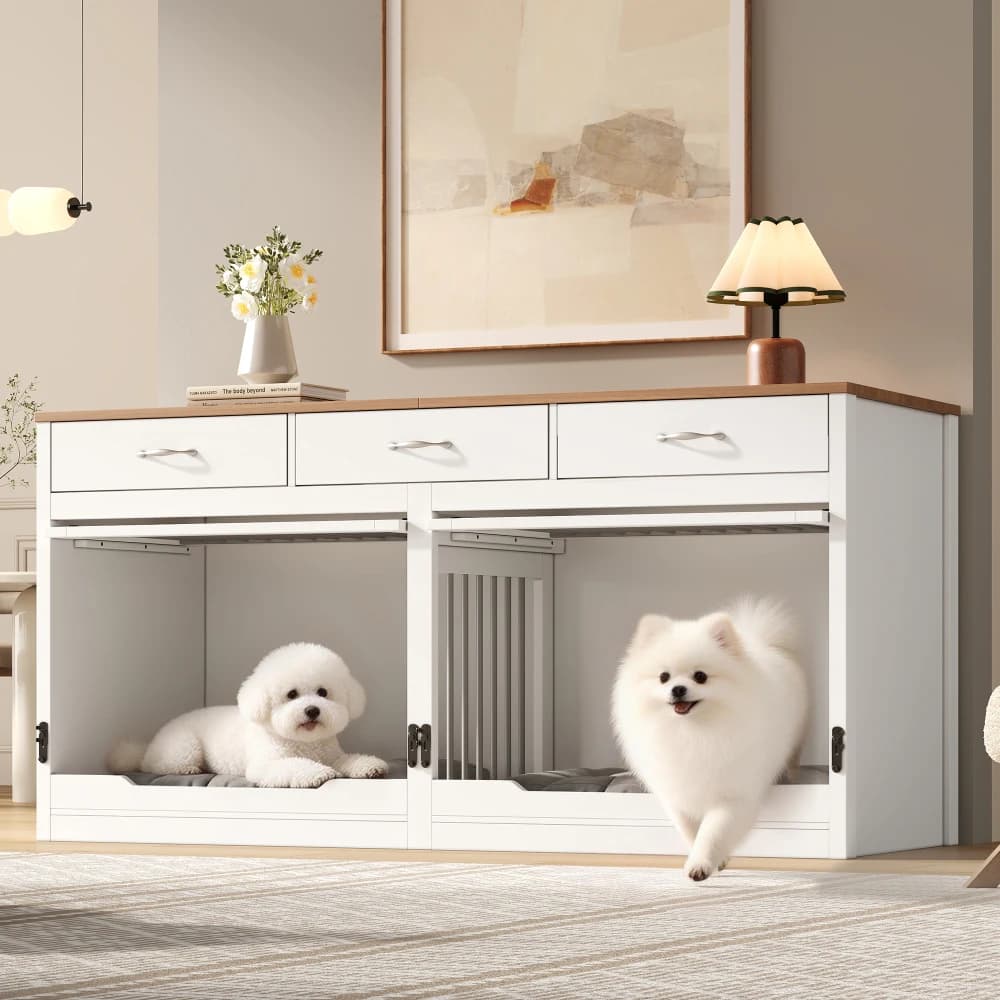 Móvel Canil para Cães 164x60x81cm, Canil Interno com Textura de Madeira para 2 Cães com Tampo Dobrável, Armário com Divisória Removível
