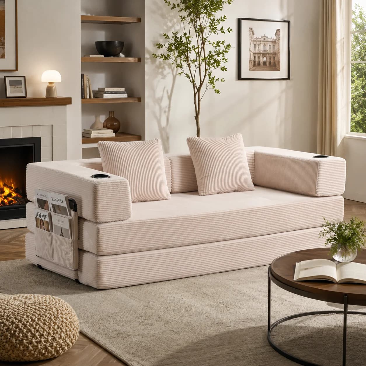 Sofá-Cama Conversível Dobrável de Veludo Cotelê, Espuma Comprimida Sem Montagem, Sofá Preguiçoso com Porta-Copos e Bolso Lateral de