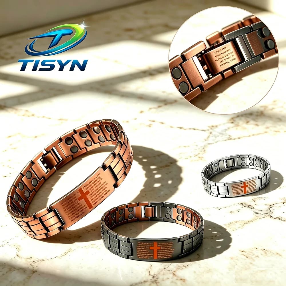 Pulseira Magnética de Equilíbrio com Cruz da Fé para Homens, em Liga de Zinco e Aço Inoxidável, com Versículo Bíblico e Oração, Presente para