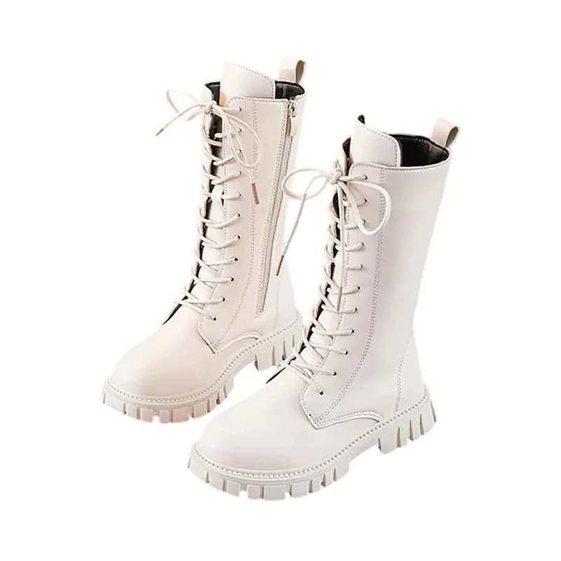 Botas Brancas de Couro com Cadarço para Meninas, Botinhas com Zíper Lateral, Sola Macia, Botas de Montaria para Crianças, Moda Outono/Inverno,