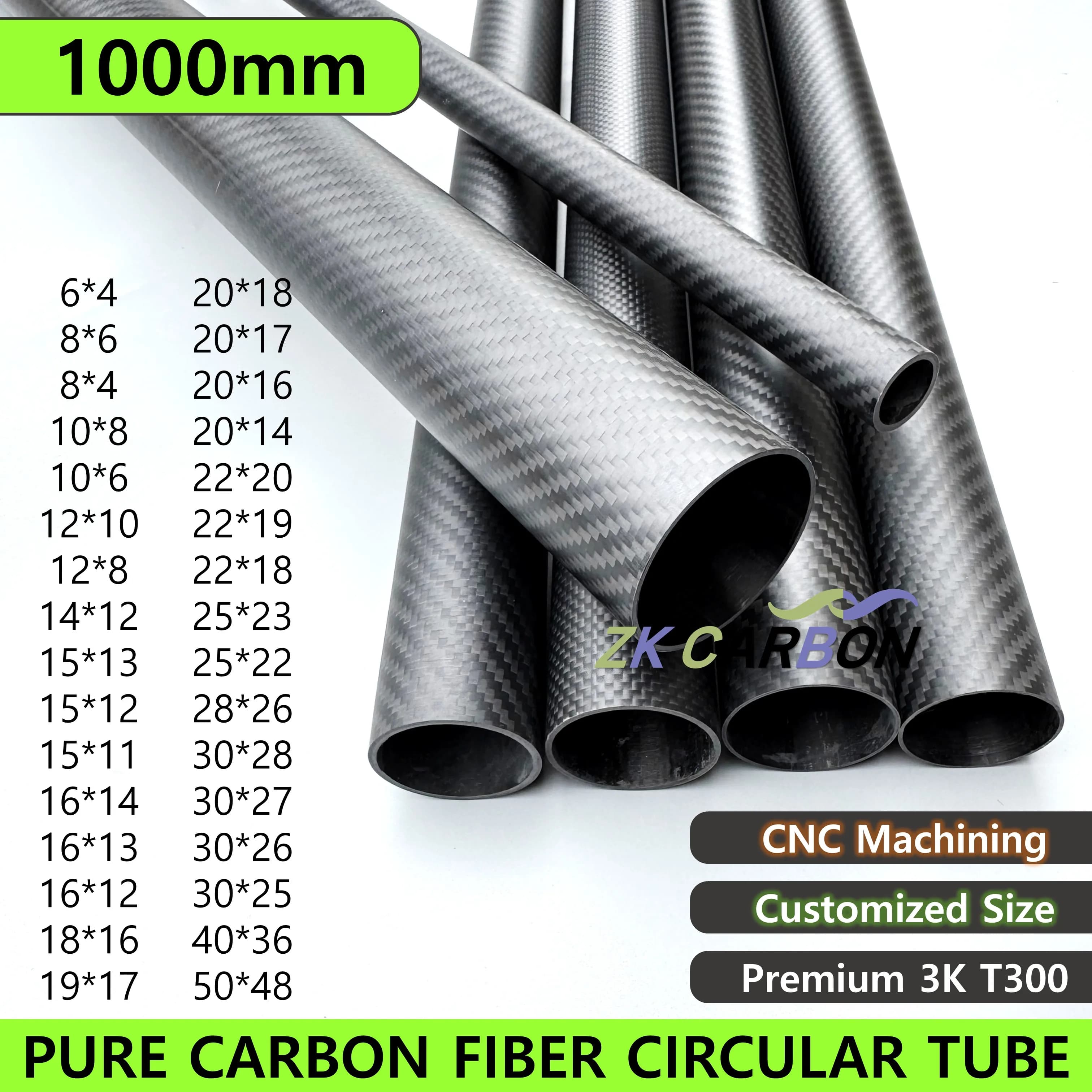 Tubo de fibra de carbono de 1000mm, material composto de dureza 3k od 10mm 12mm 16mm 18mm 20mm 22mm 25mm 28mm 30mm 32mm 40mm 50mm 60mm