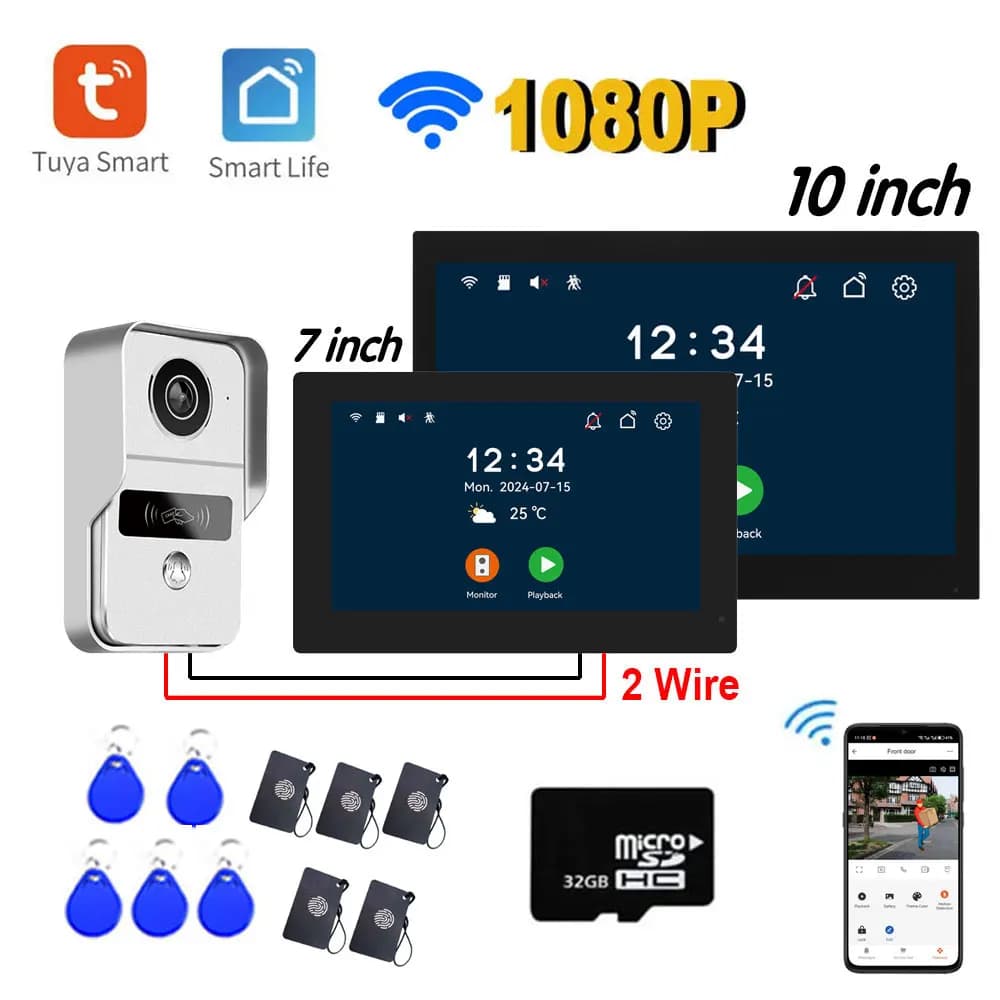 Sistema de Intercomunicação por Vídeo com Monitor Touch HD 1080P de 7/10 polegadas, Wi-Fi, Campainha e Interfone para Casa, Compatível com o
