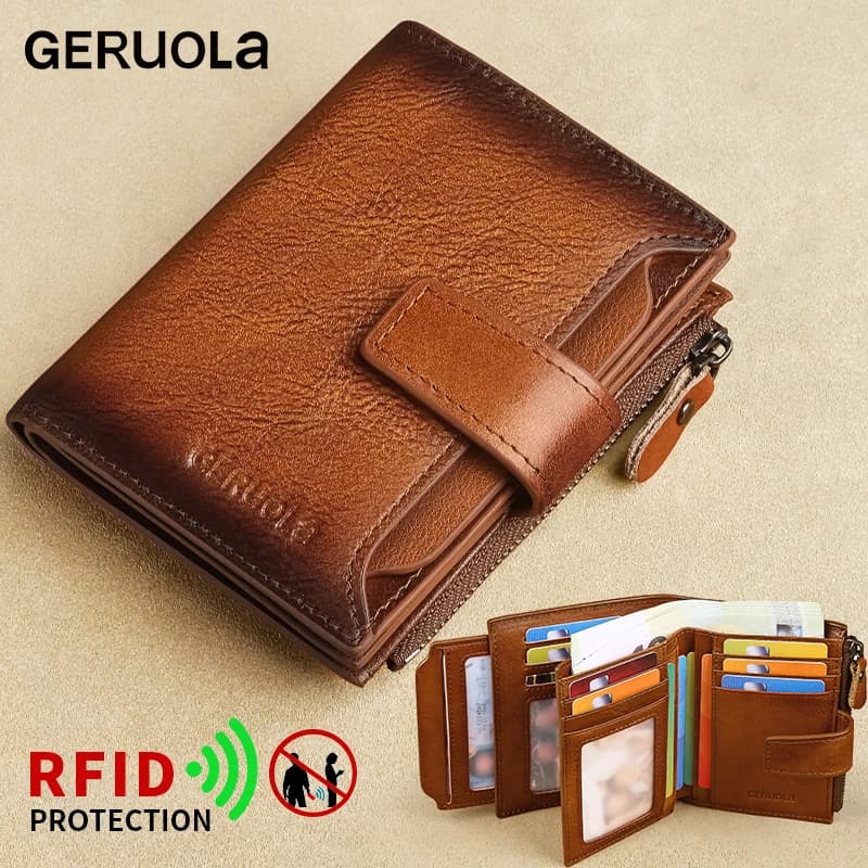 Carteira masculina de couro genuíno GERUOLA, carteira dobrável antirroubo com bloqueio RFID vintage, janela de identificação, bolso para moedas e