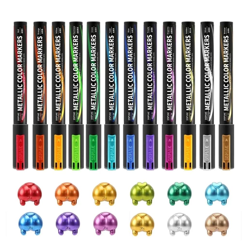 Dspiae mka 12 pçs kit de marcadores de cor super metálicos pontas duplas caneta marcador para gundam modelo militar mech pintura hobby ferramenta