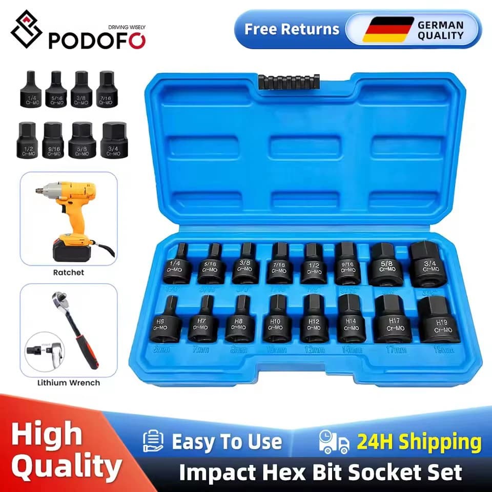 Podofo 16 pçs 3/8 Polegada unidade de ar hex bit soquete conjunto kit de ferramentas de reparo 6mm-19mm para kit de ferramentas de reparo e