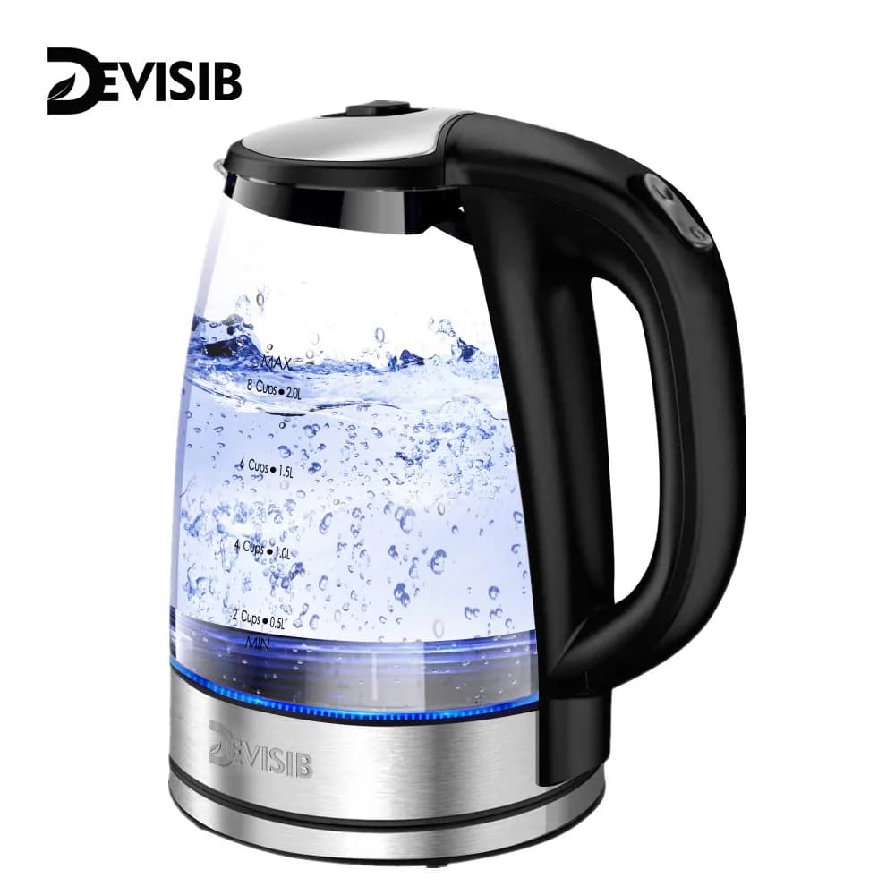 Devisib chaleira elétrica de maior capacidade, 2l, 2200w, indicador led, filtro removível, corpo de vidro, ideal para café, chá, caldeira de água