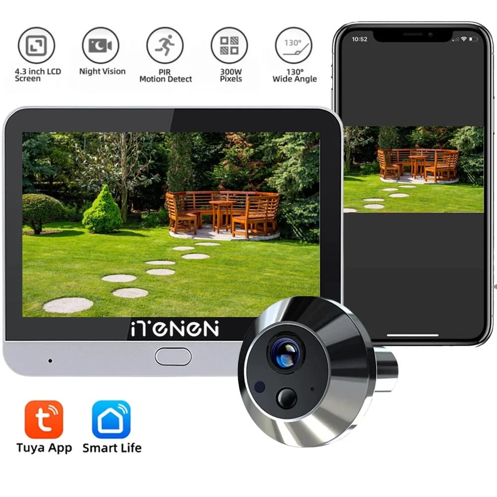 Vida inteligente de segurança em casa sem fio 2.4g wifi 3mp peepholes olho da porta tuya pir detecção câmera vídeo da porta com tela 4.3 polegada