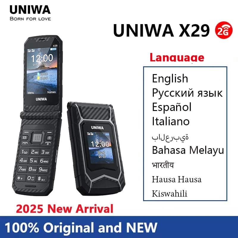 Unwa x29 gsm flip phone 2.8 Polegada tela dupla sim grande fonte botão grande para sênior 2000mah rádio sem fio teclado russo