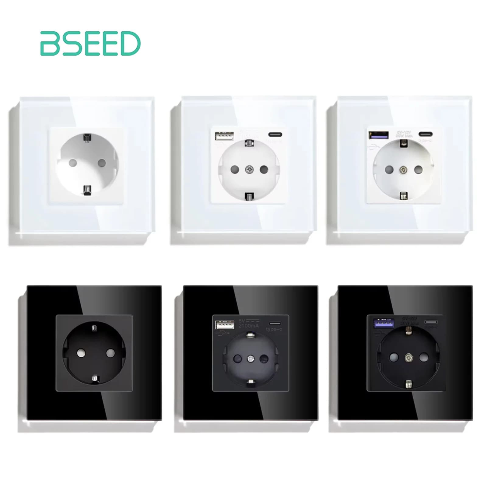 Bseed tomada de parede quadro de vidro carga do telefone usb c único soquete 16a padrão da ue 110v-240v tomada elétrica tipo-c montado na parede