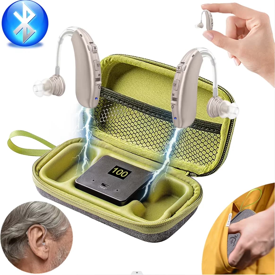 Aparelhos auditivos BTE, opcionais com Bluetooth, redução de ruído, compatíveis com dispositivos auditivos digitais recarregáveis