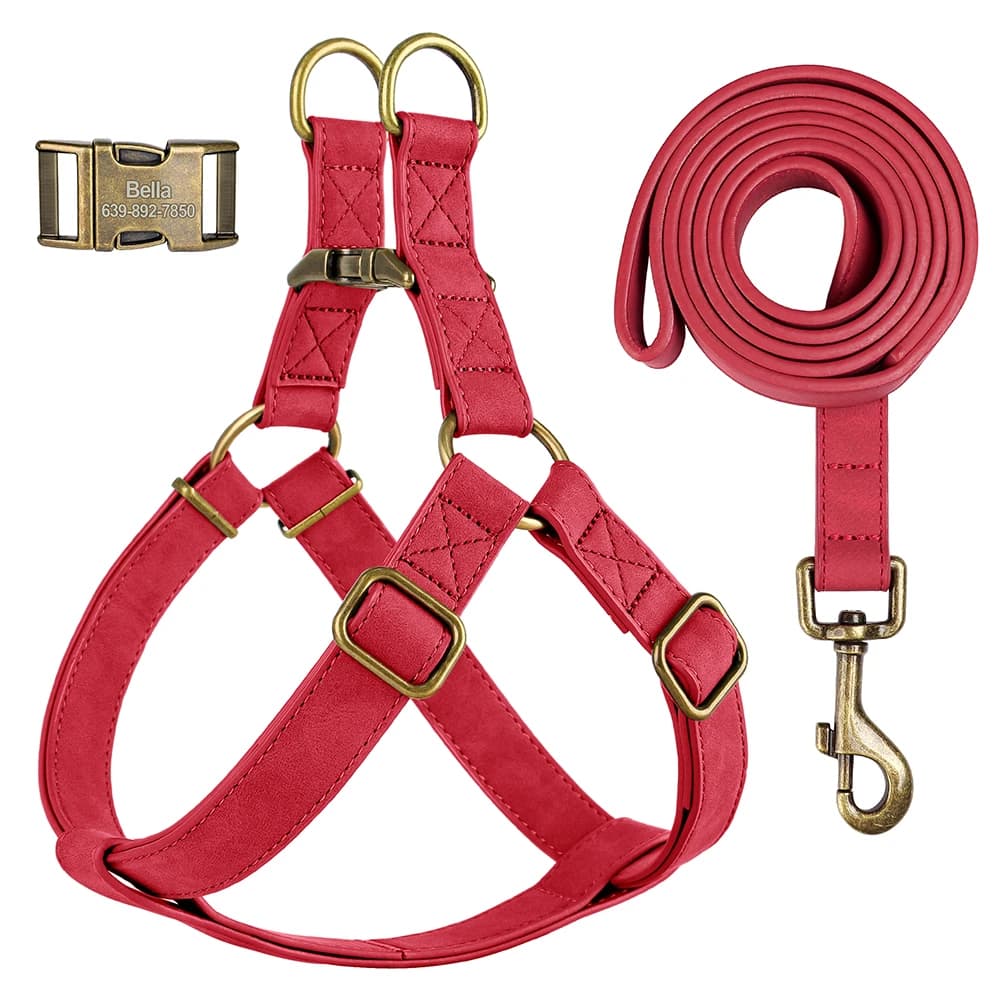 Arnês e coleira de couro pu personalizados, coleira gravada com fivela para identificação de cachorro, colete para animais de estimação, corda