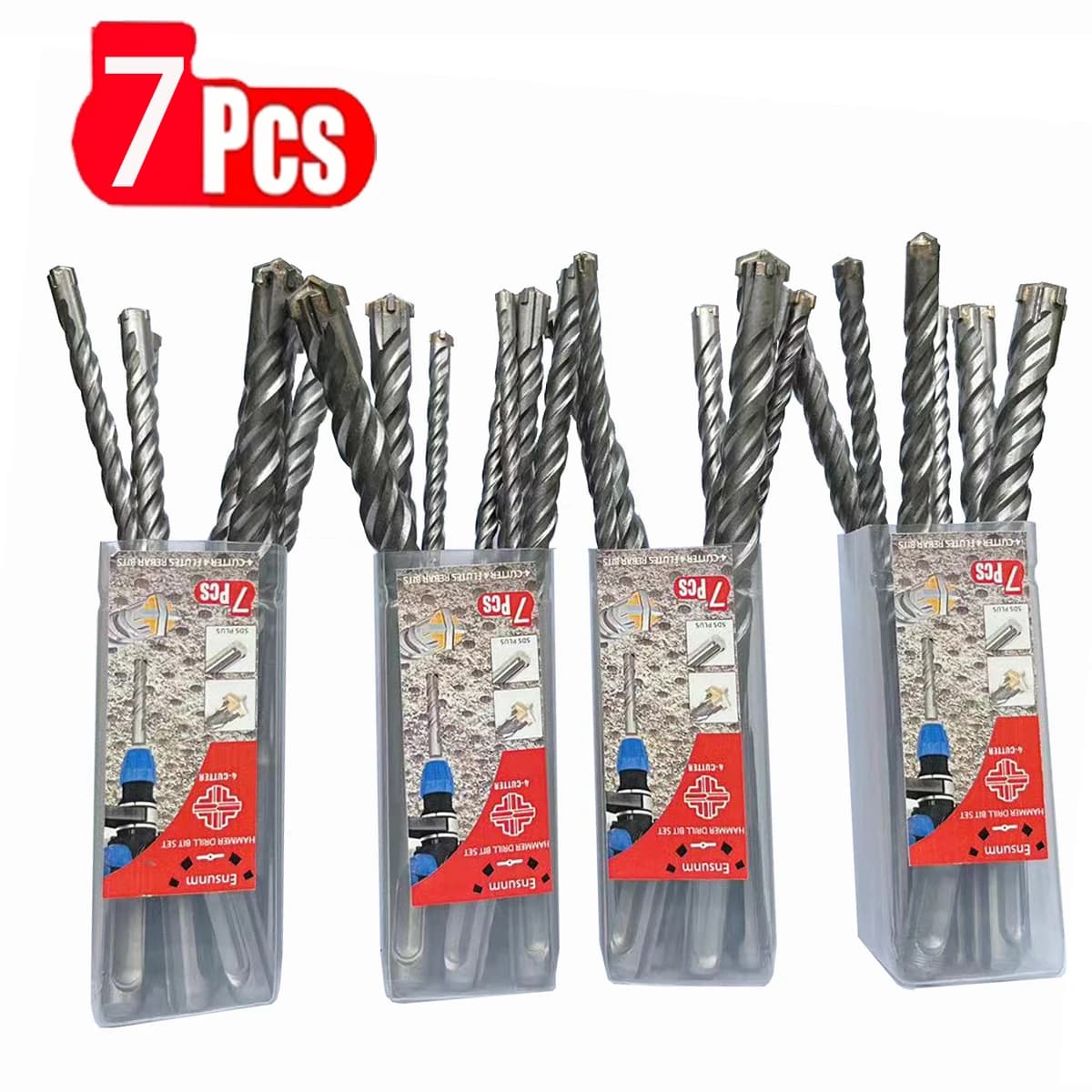Conjunto de 7 Brocas SDS Plus para Martelo Elétrico de 5-14mm, Cabeça Cruzada, 4 Lâminas, Adequadas para Clinker, Concreto, Tijolo, Natural ou