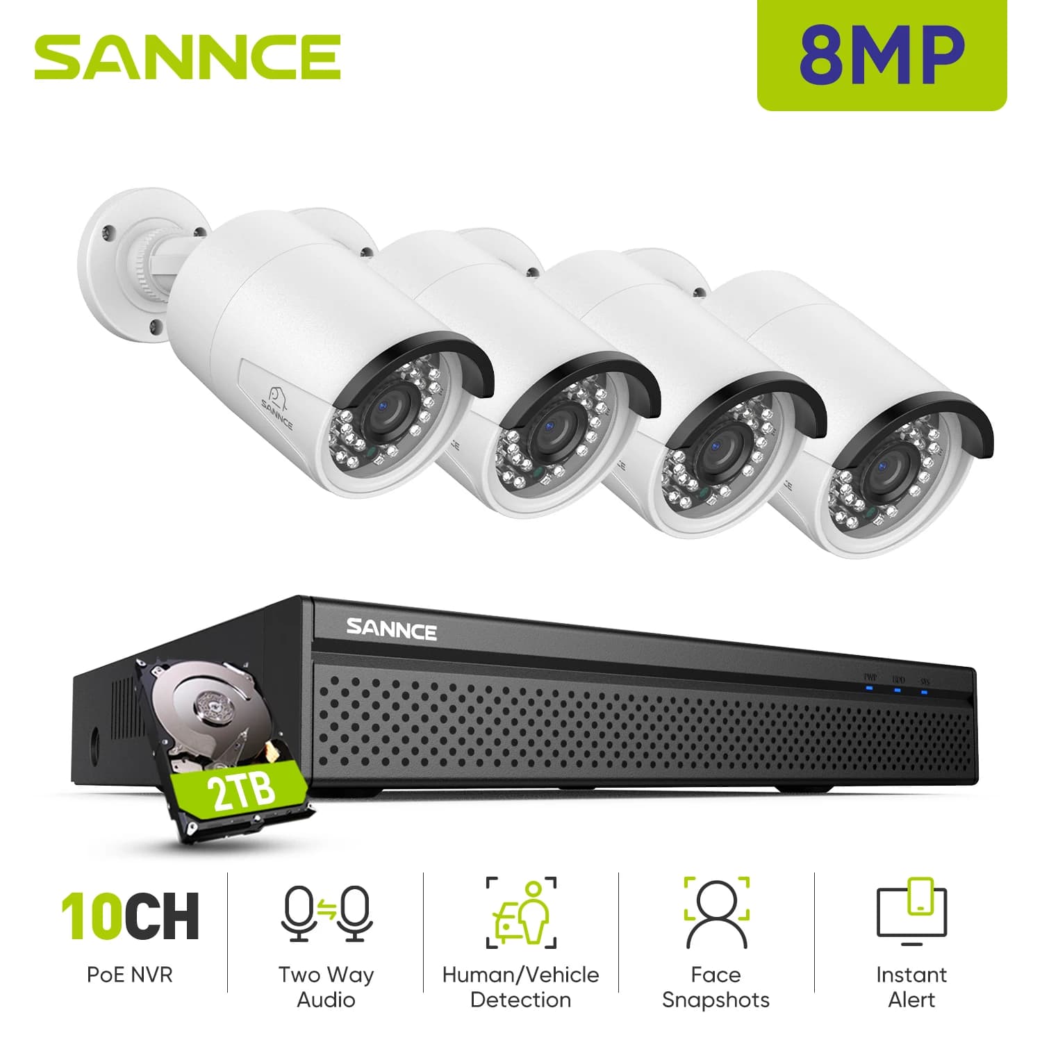 SANNCE 4K 8MP Ultra HD POE Sistema de vigilância por vídeo 8CH H.265 + NVR com câmeras de segurança de 8MP Kit CCTV Voz bidirecional