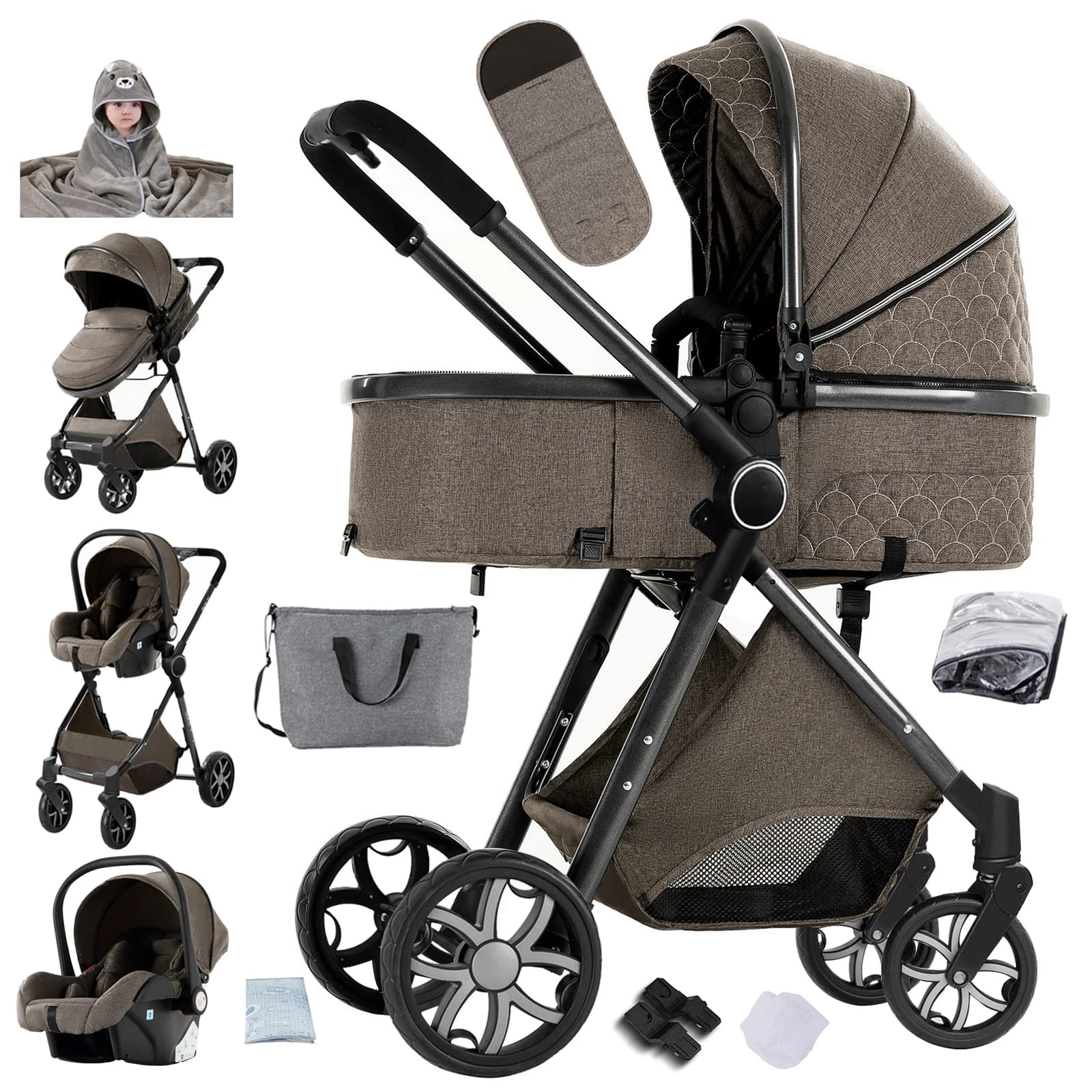 Carrinho de Bebê Prático 3 em 1, Conveniente e Elegante com Cadeira de Carro Segura, Berço Luxuoso e Carrinhos Versáteis