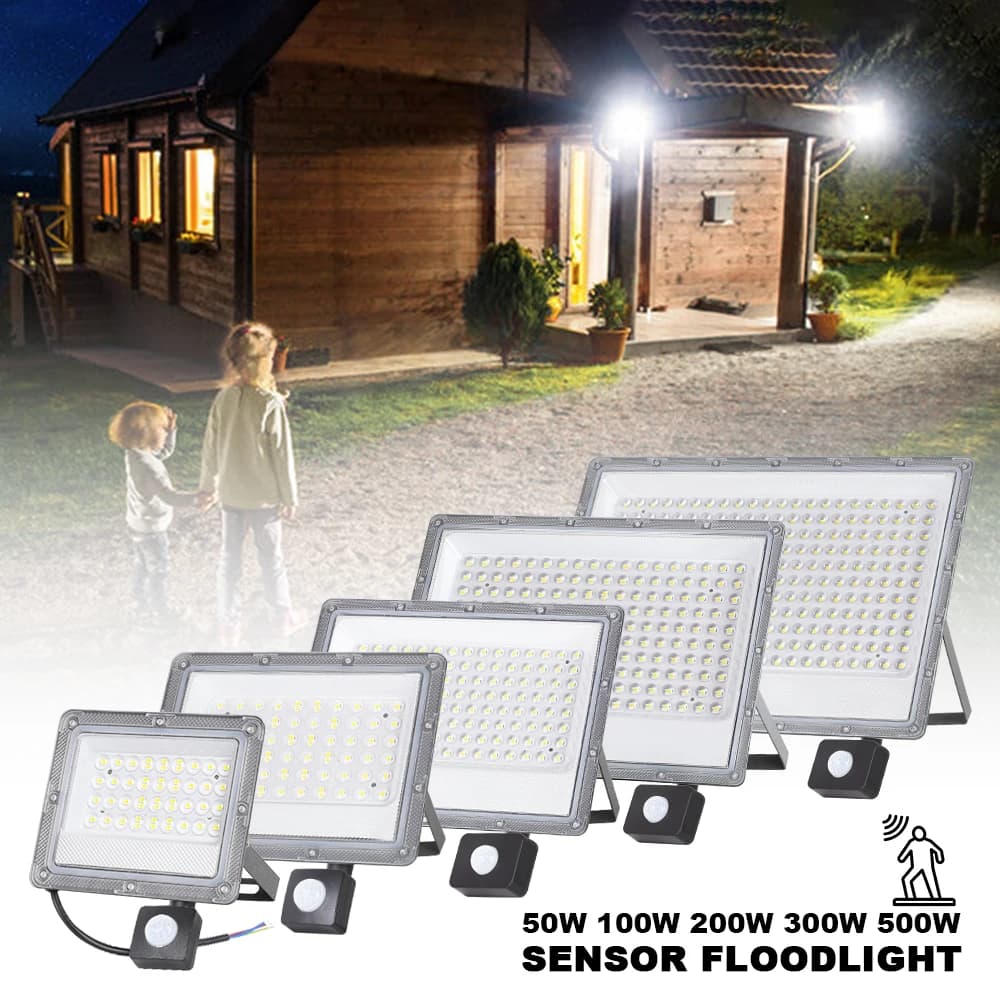 Holofote led com sensor de movimento pir, 50w 100w 200w 300w 500w, refletor à prova d'água para áreas externas, holofote led para luz de parede de
