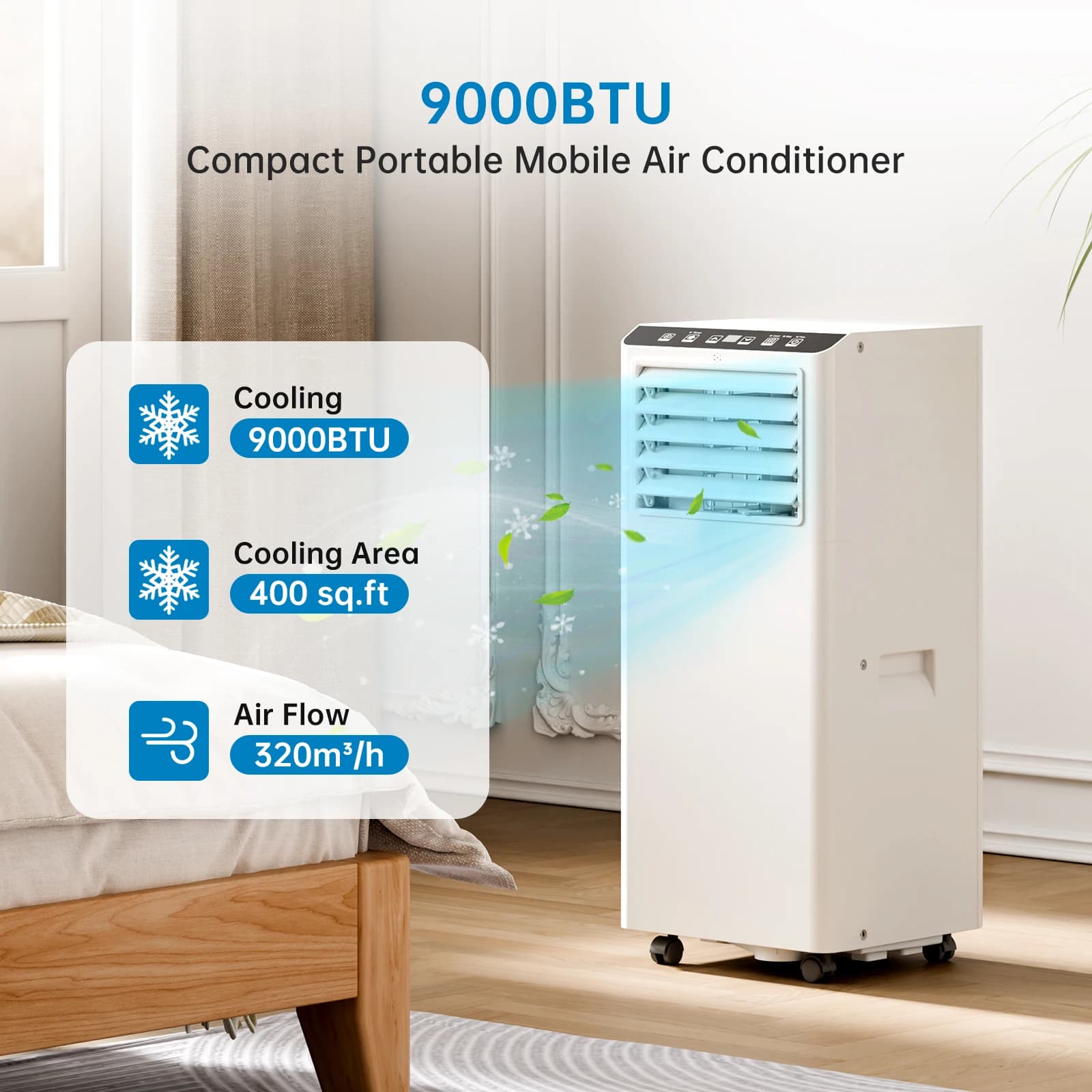 Condicionador de ar portátil Silence 9000 BTU 3 em 1 Desumidificação de resfriamento Ventilador de 2 velocidades Temporizador 24H Controle Remoto