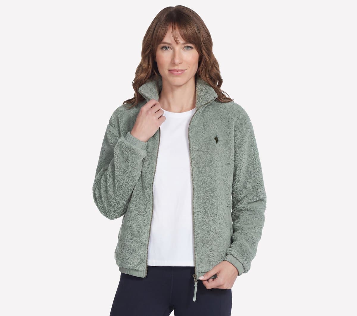 Skechers On-The-GO Glacial Full Zip Sherpa Casaco em Taupe/Azeitona, Tamanho XS
