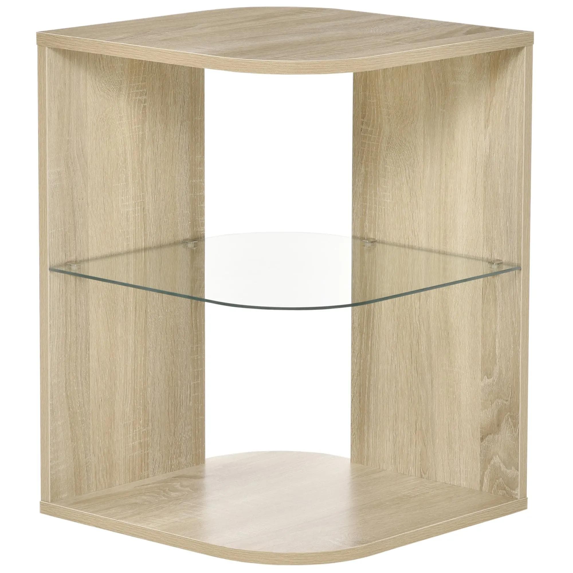 HOMCOM Mesa Auxiliar Moderna Cabeceira 3 Prateleiras Vidro Sala Estar Dormitório Design Elegante Funcional 40x40x56 cm Madeira Natural   Aosom
