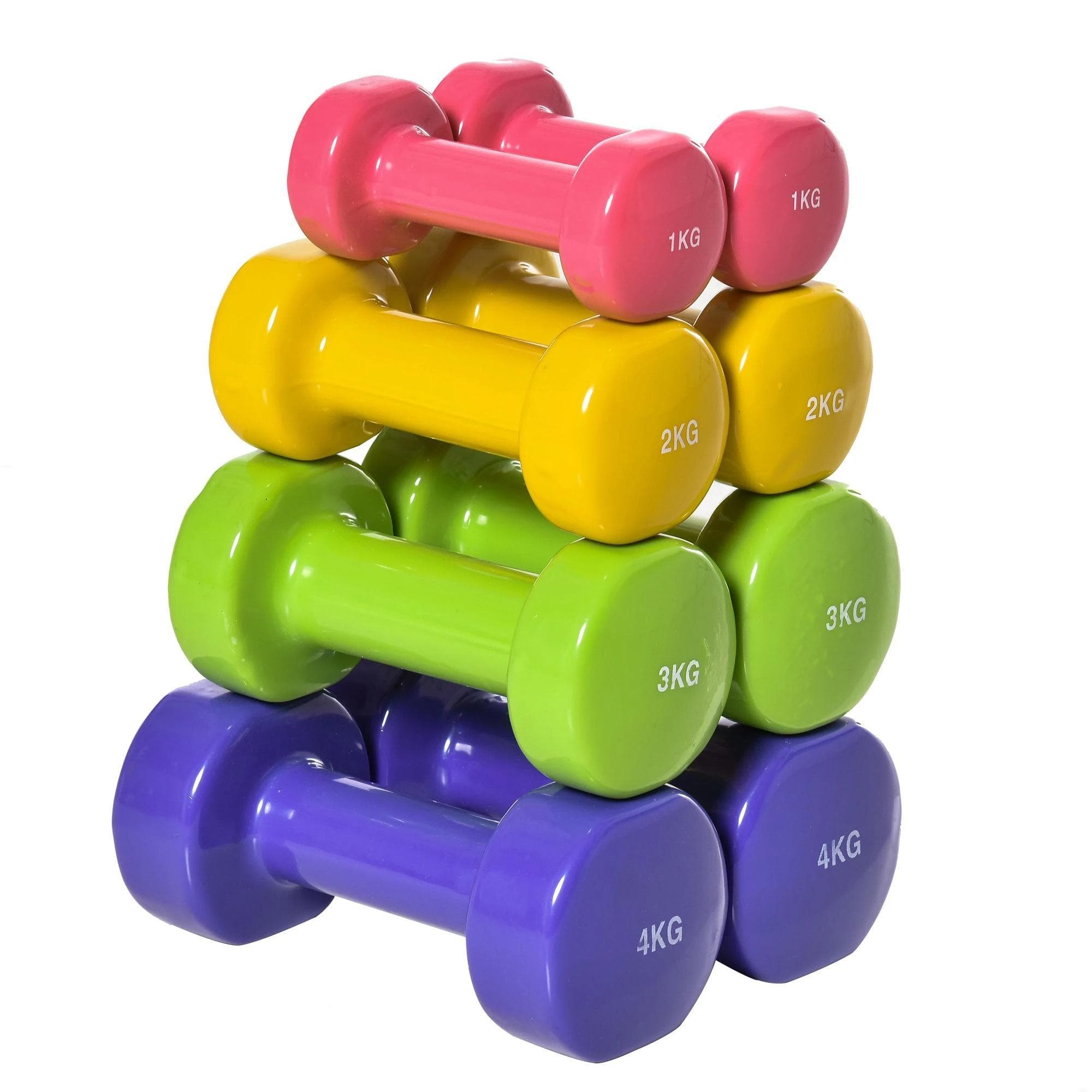 HOMCOM Jogo de 8 Halteres Hexagonais 4 Pares 4kg 3kg 2kg 1kg com Revestimento Pesos para Exercícios em Casa Academia Aço Multicolor   Aosom Portugal