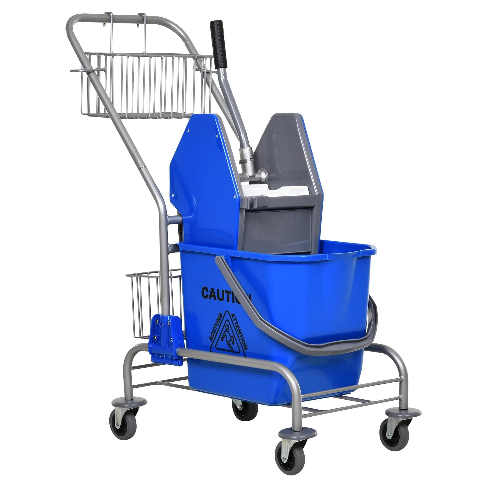 HOMCOM Carro de Limpeza Balde para Esfregona com Escorredor a Pressão Rodas e Cesto de Armazenamento Capacidade 26L 73x45x95 cm Azul   Aosom Portugal