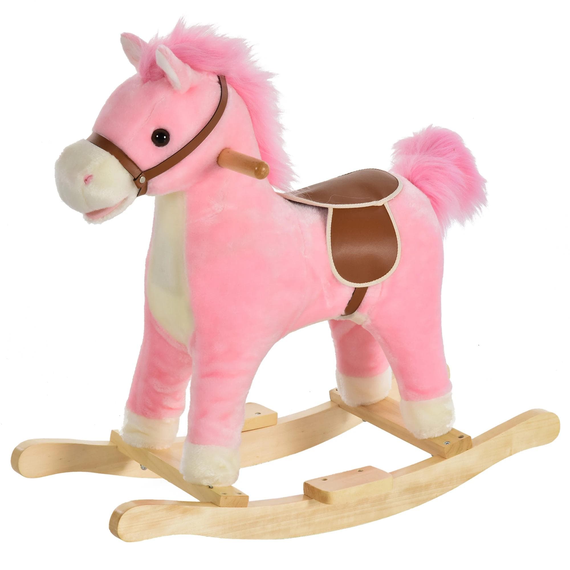 HOMCOM Cavalo Baloiço Infantil de Pelúcia Suave com Música Relinchos Sons de Galope Boca e Cauda Móveis 65x32,5x61 cm Rosa   Aosom Portugal