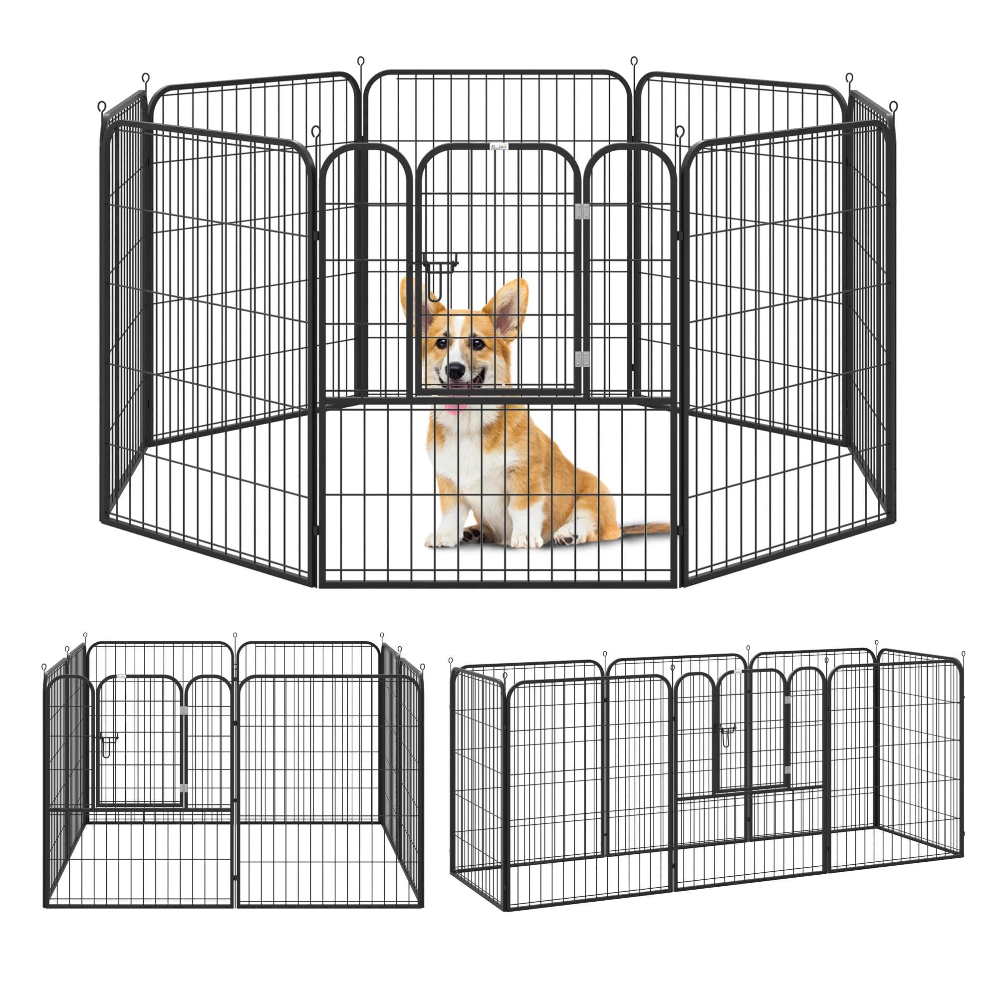 PawHut Cercado Cães Pets 8 Varas Dobrável Porta Dupla Trava 79x100cm Preto   Aosom Portugal