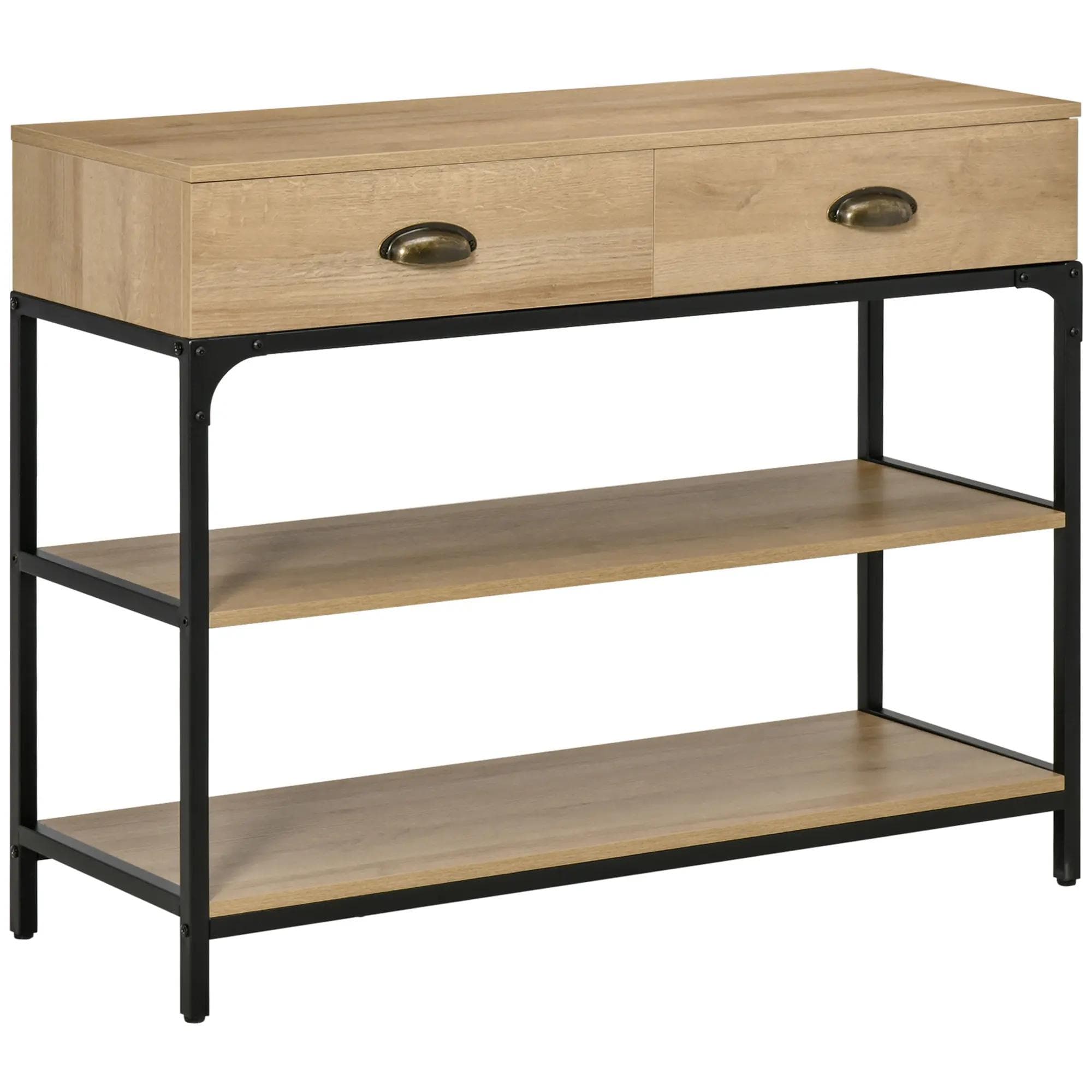 HOMCOM Mesa Consola Entrada Estreita 2 Gavetas 2 Prateleiras Armazenamento Moderna 100x35x79,5cm Carvalho Preto   Aosom Portugal