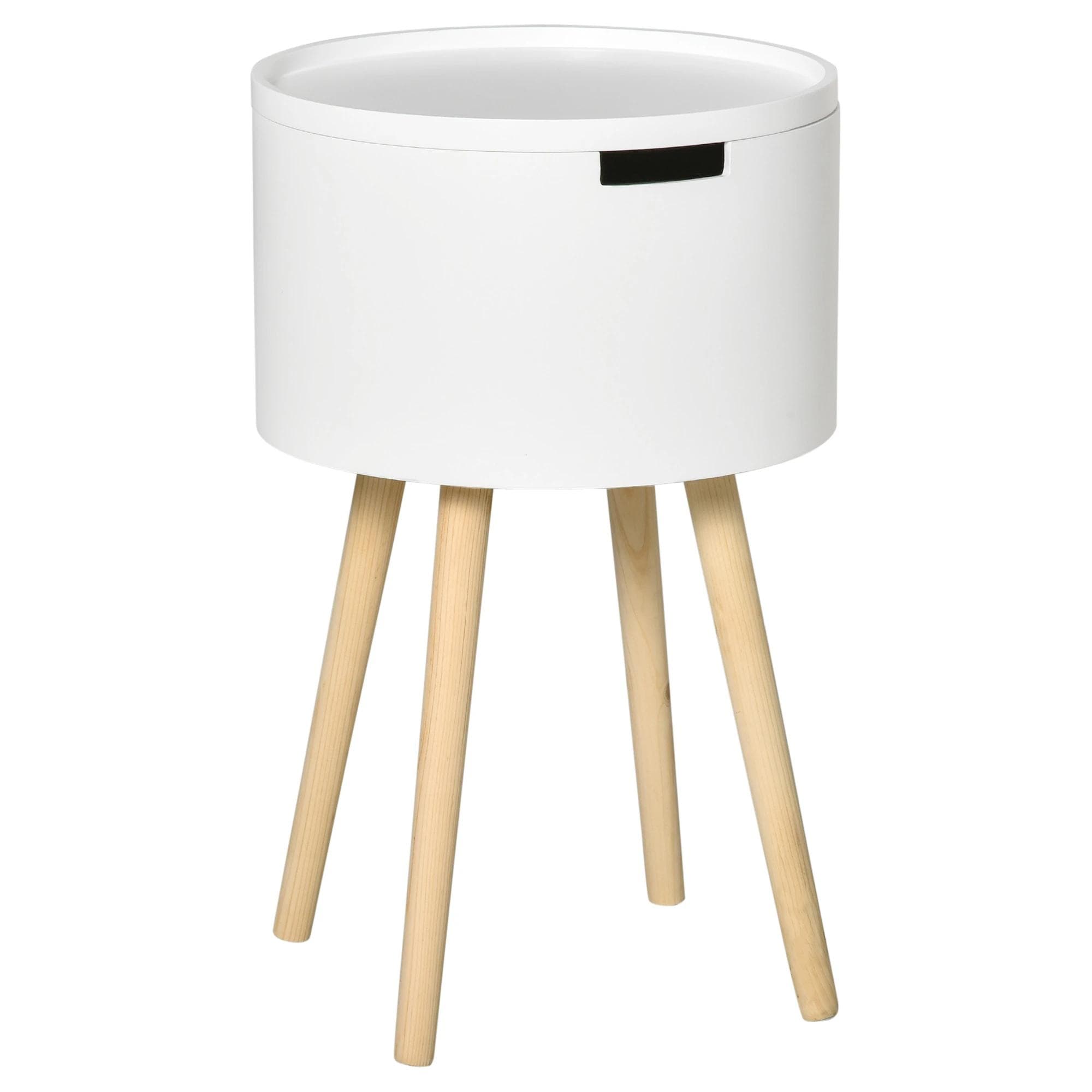 HOMCOM Mesa Apoio Tampa Removível Armazenamento Pés Madeira Ø38x63cm Branco   Aosom Portugal