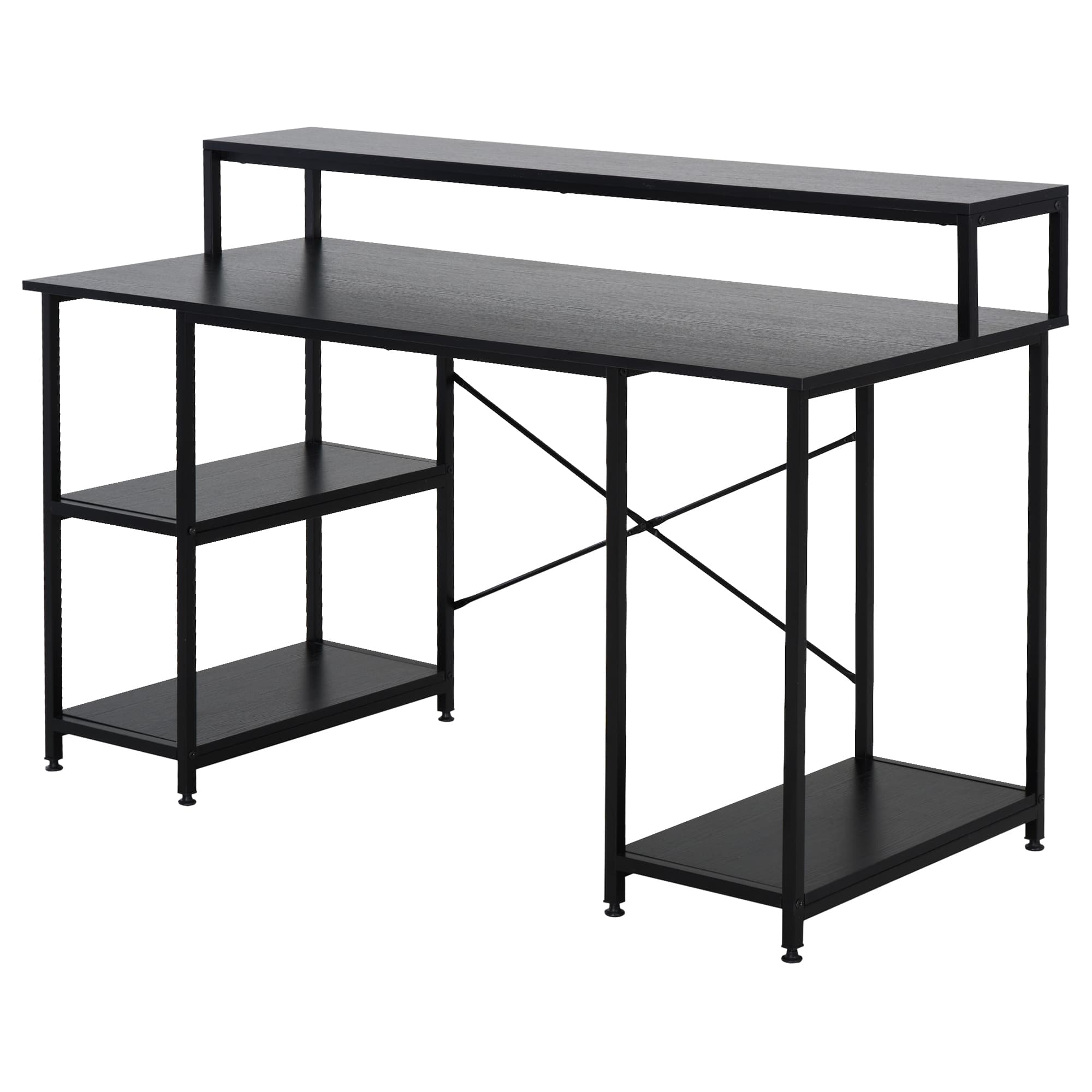 HOMCOM Secretária para escritorio com 3 prateleiras Pernas com Almofadas Ajustáveis  Estrutura de metal 140x60x93 cm Preto   Aosom Portugal