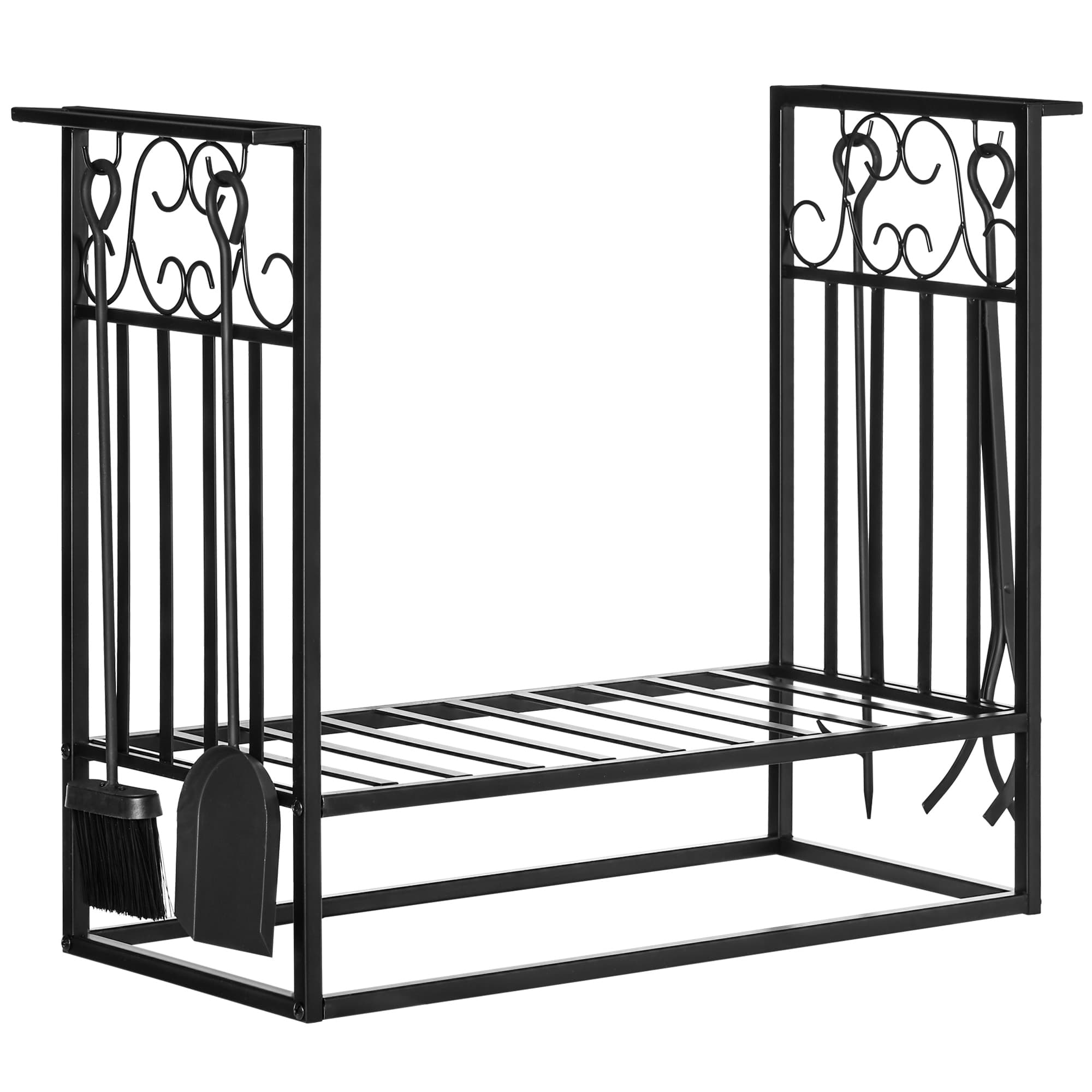 HOMCOM porta lenha de projeto vintage com 4 ferramentas  base elevada carga 100 kg Aço 75x30x60 cm Preto