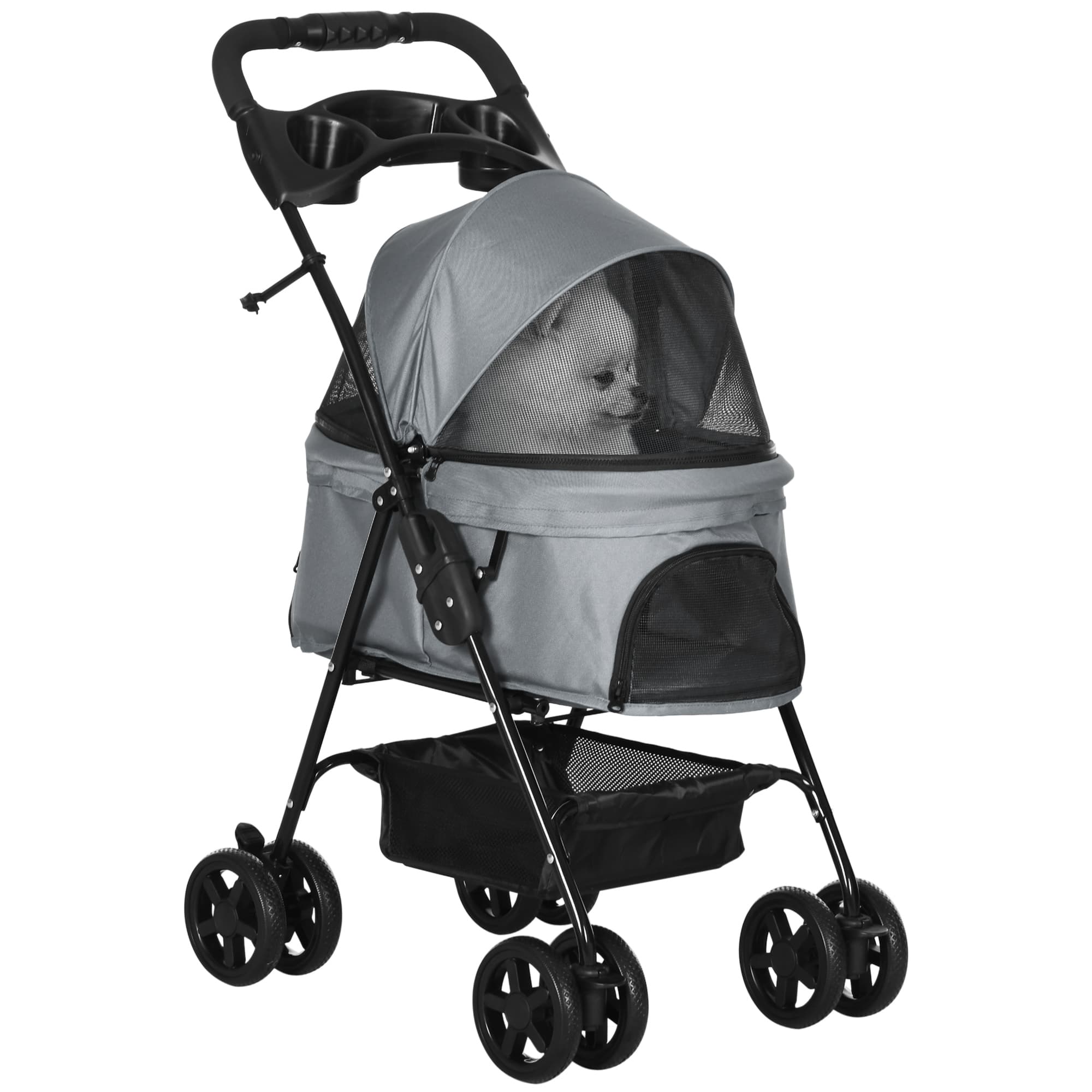 PawHut Carrinho de Passeio Pet Dobrável Removível Aço Tecido Oxford Rodas Giratórias Confortável para Pequenos Cães 67x45x96 cm Cinza   Aosom