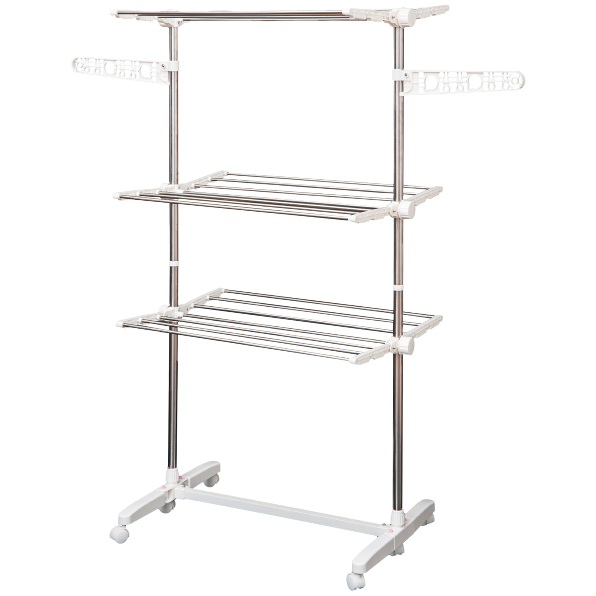 HOMCOM Estendal para Roupa Dobrável 80x55x152cm com 6 Rodas e 3 Prateleiras com Altura Ajustável de Aço Inoxidável Prateado   Aosom Portugal