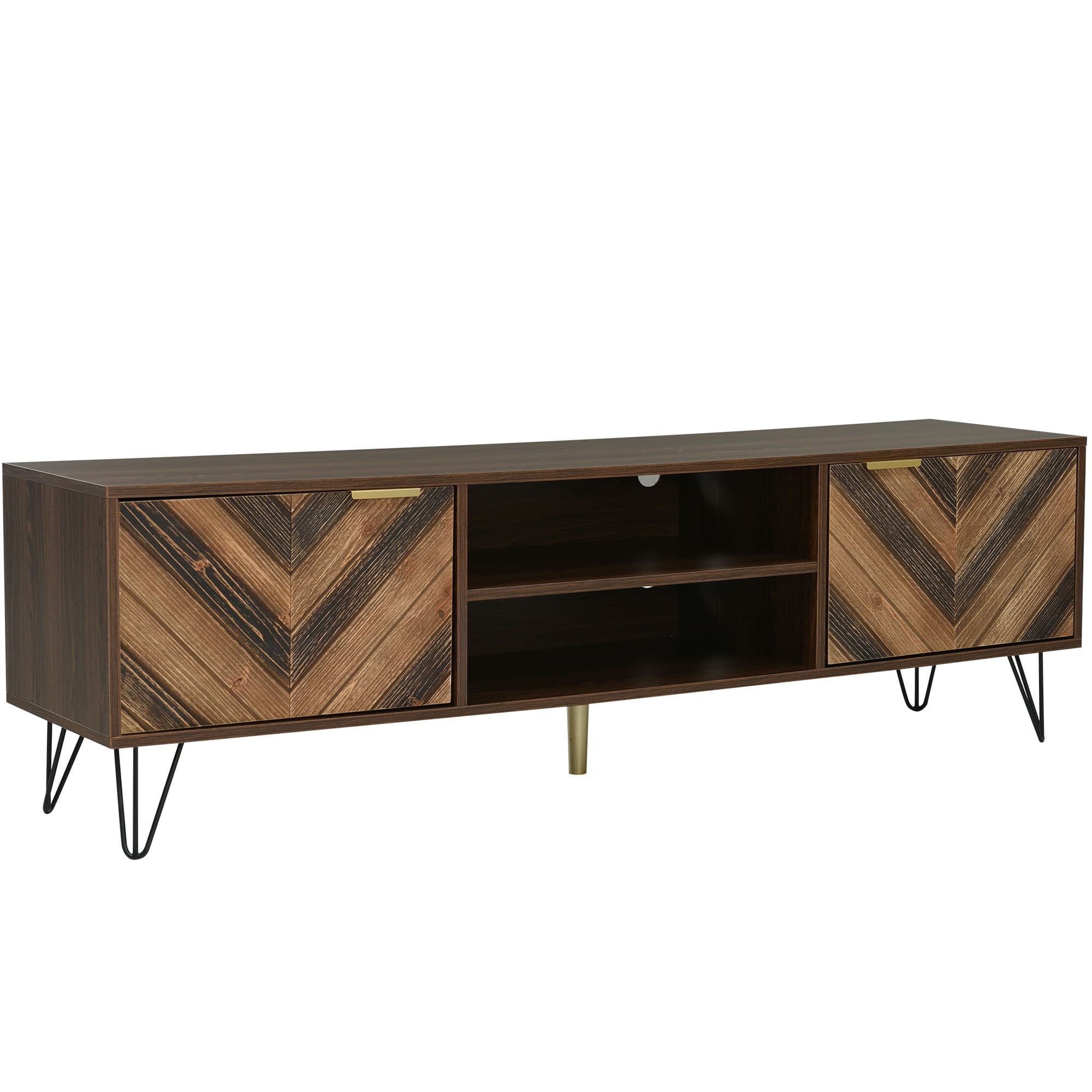 Móvel de TV com 2 portas em Madeira com 2 compartimentos, painel baixo, Pegas douradas e pés de ferro,155x38x48cm Cor natural