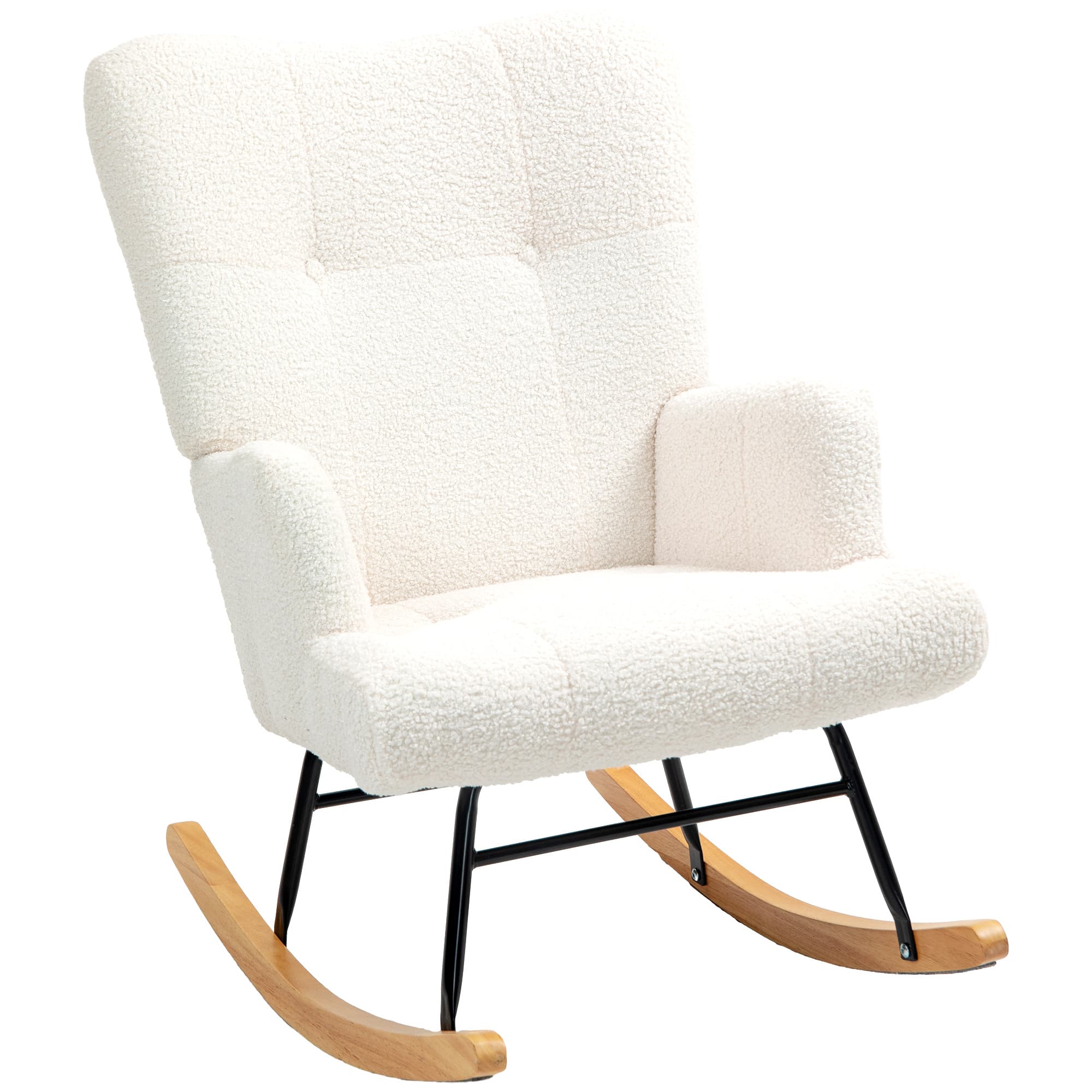 HOMCOM Poltrona Baloiço em Borrego Poltrona para Amamentação com Encosto Capitonê e Base de Madeira 65x88x87 cm Creme   Aosom Portugal