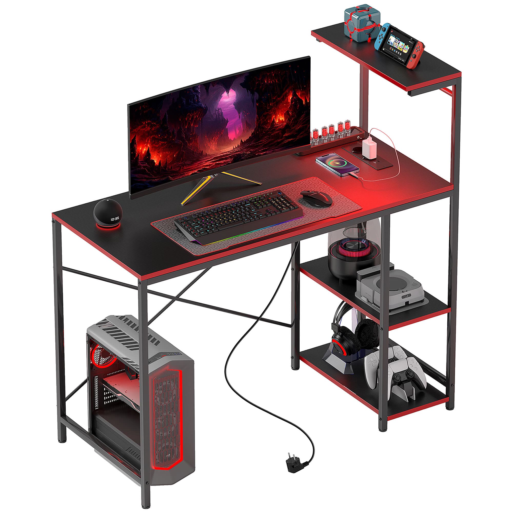 HOMCOM Secretária Gaming com Luzes LED 100x50 cm Secretarias Gaming de Fibra de Carbono Tomadas de Corrente e Controlo Remoto Preto   Aosom Portugal