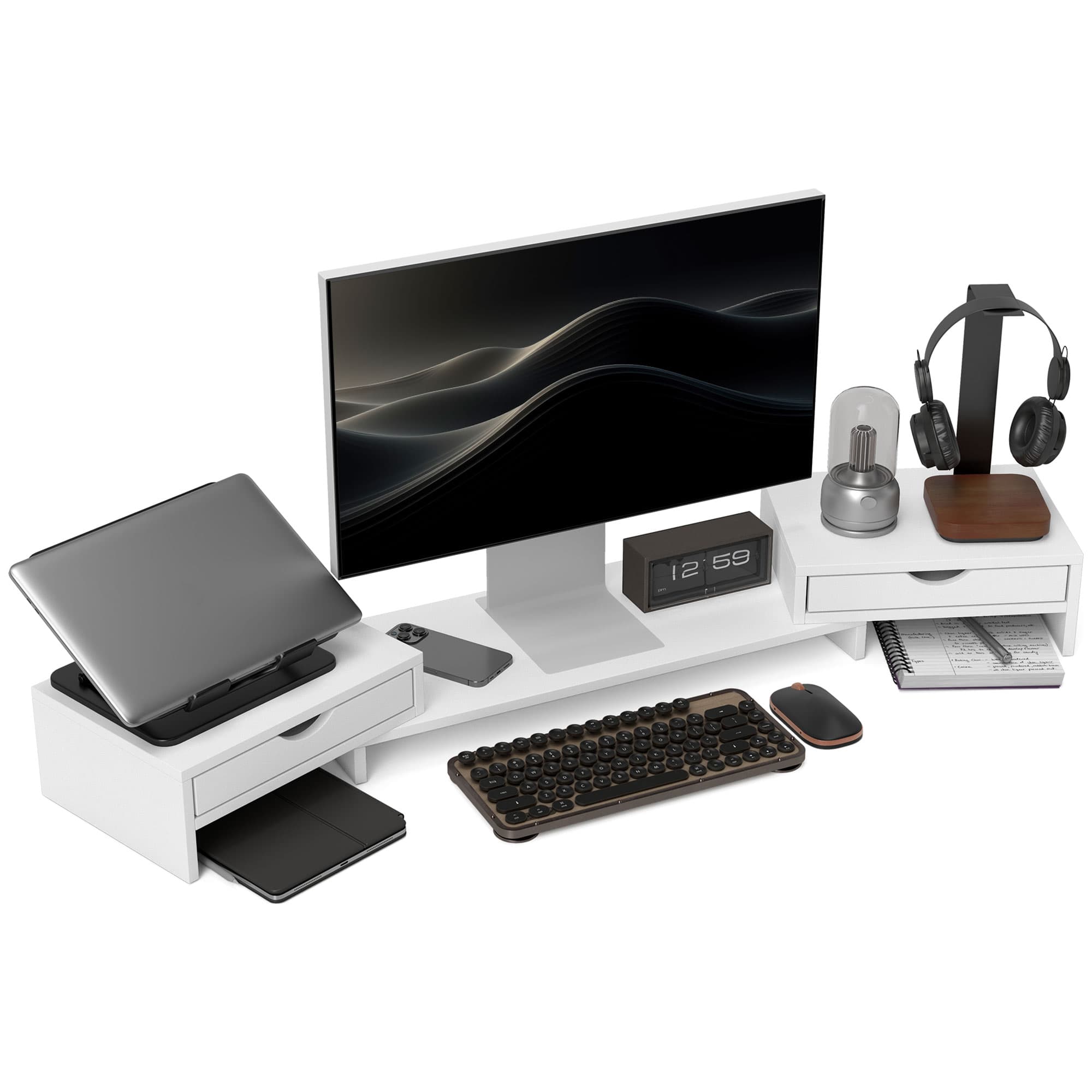 HOMCOM Suporte para Monitor com  ngulo e Comprimento Ajustável e 2 Gavetas para Escritório 60-116x22x12 cm Branco   Aosom Portugal