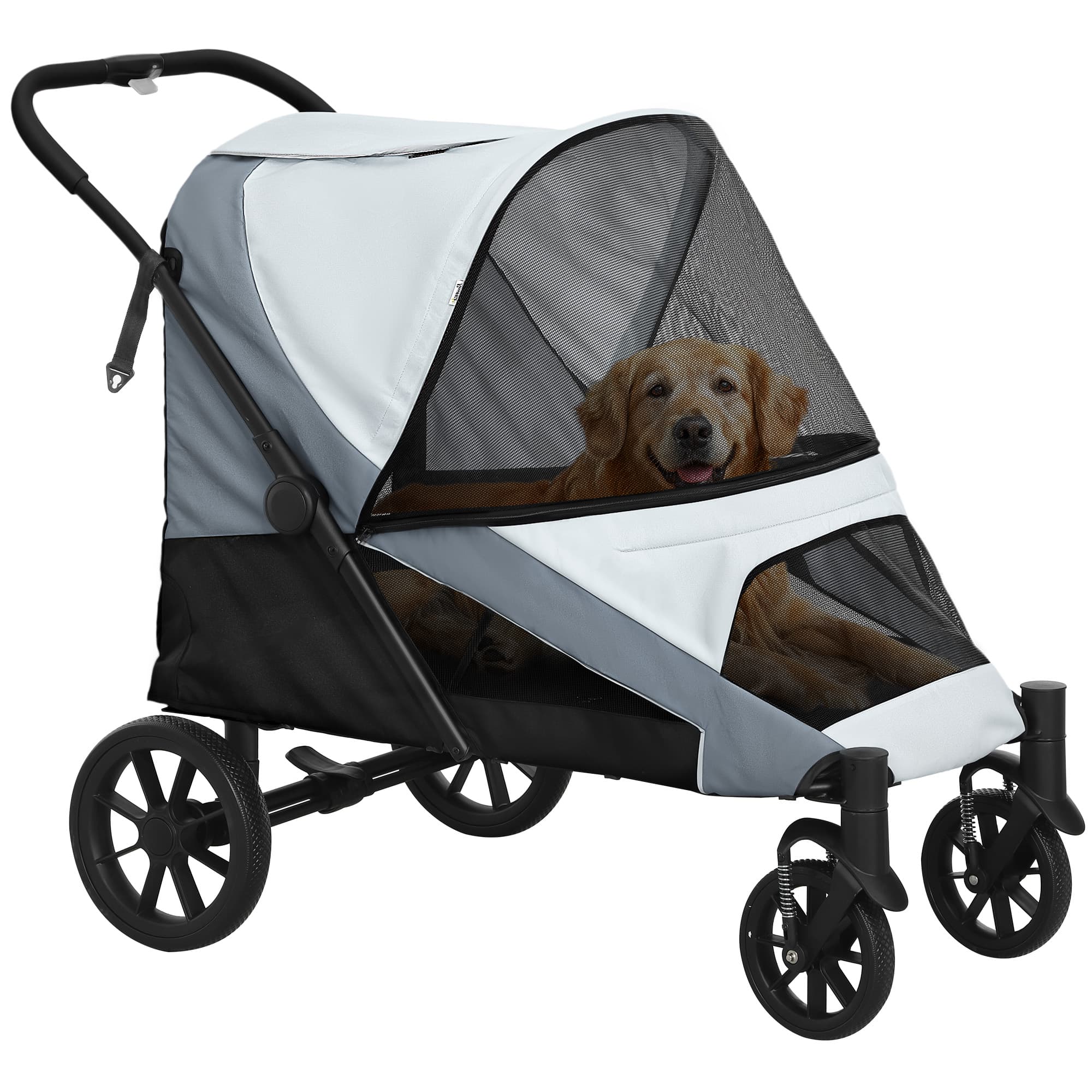 PawHut Carrinho para Cães Dobrável com Rodas Correias de Segurança Estrutura Amortecedora Almofada Lavável 124x67x100 cm Cinza   Aosom Portugal